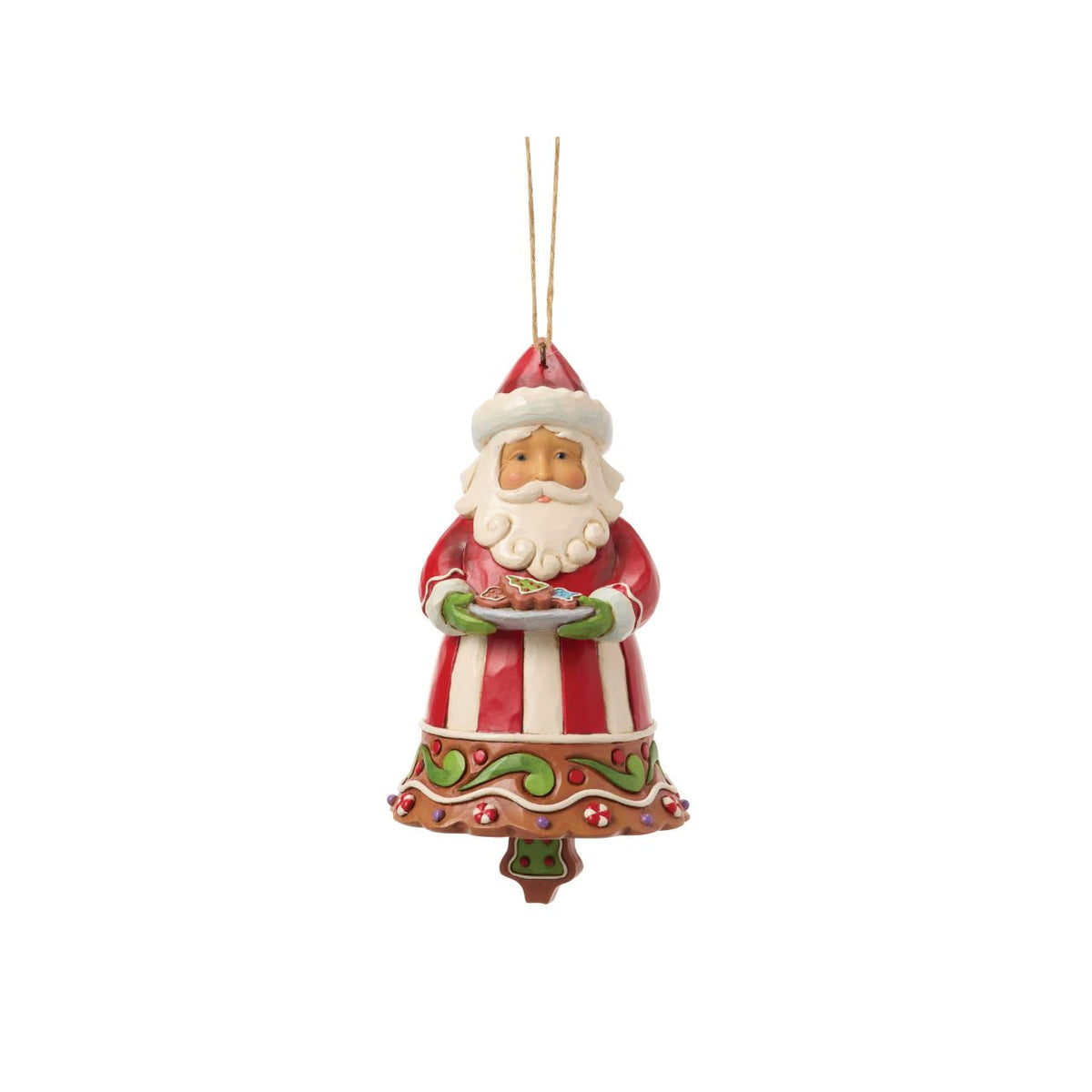 This gingerbread Santa doubles as a jingle bell, bringing sound and sweetness to the season. Jim Shore's artistry transforms the candy-coloured design into a nostalgic treasure. A playful ornament that will ring in holiday joy year after year.