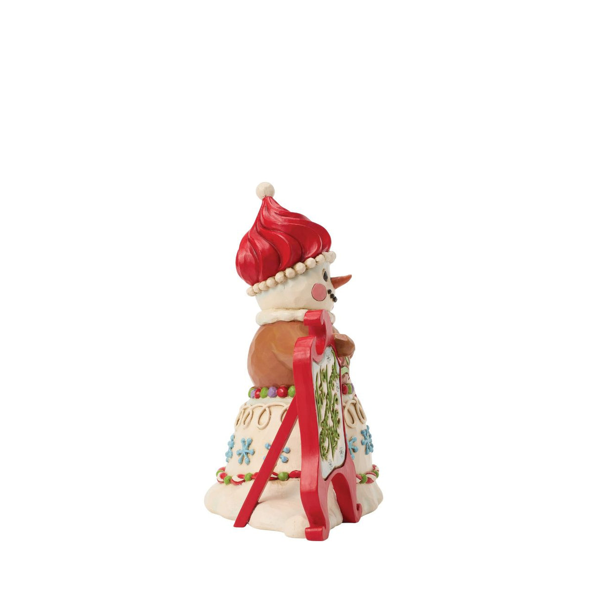 This sweet snowman holds a festive sign, inviting all to join in the holiday fun. Jim Shore's signature folk-art designs blend with candy-inspired accents, making it look almost good enough to eat.