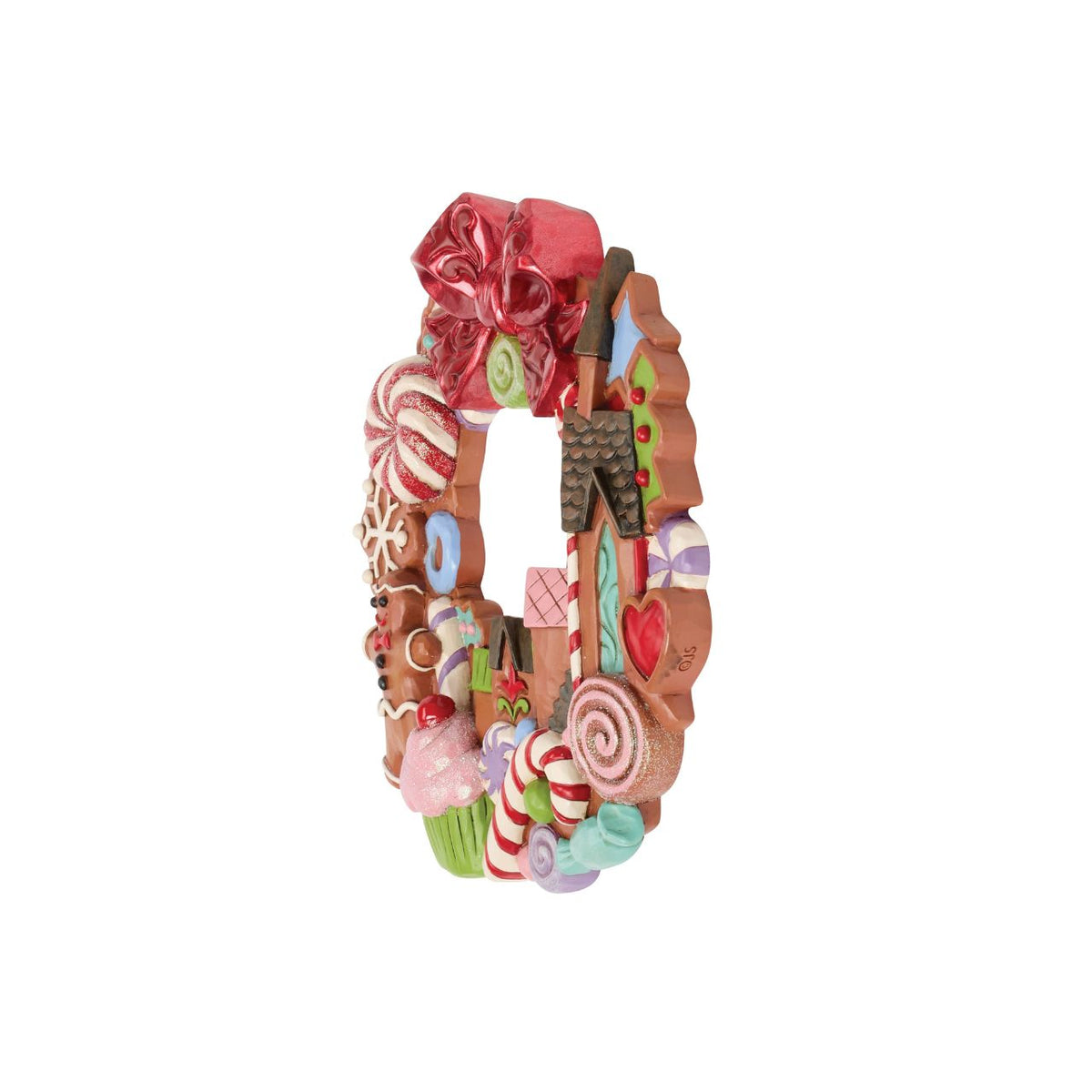 Decorated with candy accents, this wreath is bursting with holiday sweetness. Jim Shore's folk patterns swirl through the design, making it a joyful treat for the eyes. A deliciously fun way to welcome the season and family into your home.