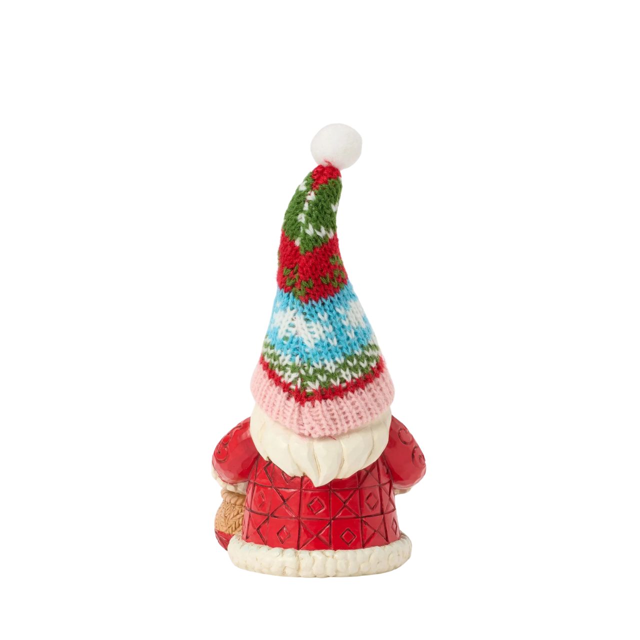 This festive Jim Shore gnome dons a knit holiday hat patterned with snowflakes and Christmas colours, bringing a cosy, inviting texture. Carrying a bag full of ornaments and gently holding a cardinal, he brings holiday cheer to your home.