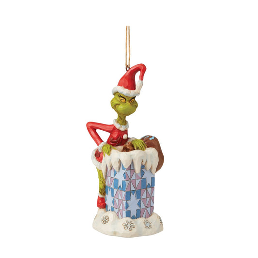 Grinch Climbing in Chimney Christmas Hanging Ornament  Marrying two beloved holiday figures, Jim Shore creates an ornament that captures the Grinch in all his glory. With holly brimmed in his Santa hat, no one dares kiss this Christmas Nutcracker for fear of being cracked across the face.