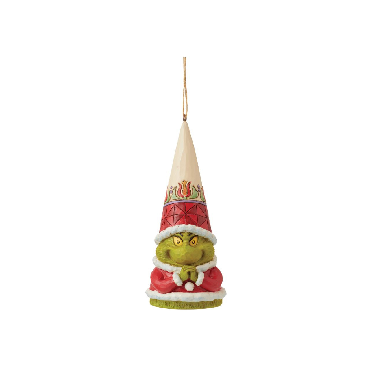 Known for his gnomes, Jim Shore presents his newest garden guardian crafted with Dr. Seuss flair. Wearing a flower adorned Santa hat, this Grinch ornament folds his hands mischievously as he plots to steal all the presents under the tree.