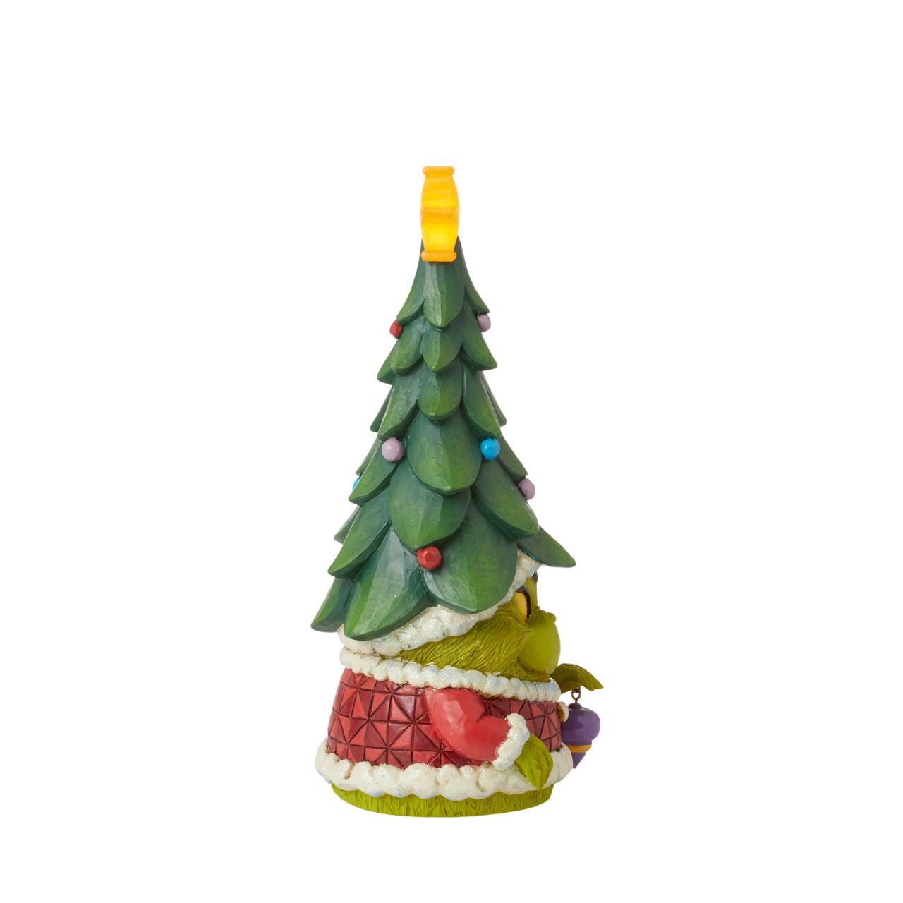 Known for his gnomes, Jim Shore presents his newest garden fairy crafted with Dr. Seuss flair. With a Christmas tree for a hat and a lit star, this grinning green Santa imposter delights with yellow eyes. Bring The Grinch home this holiday.