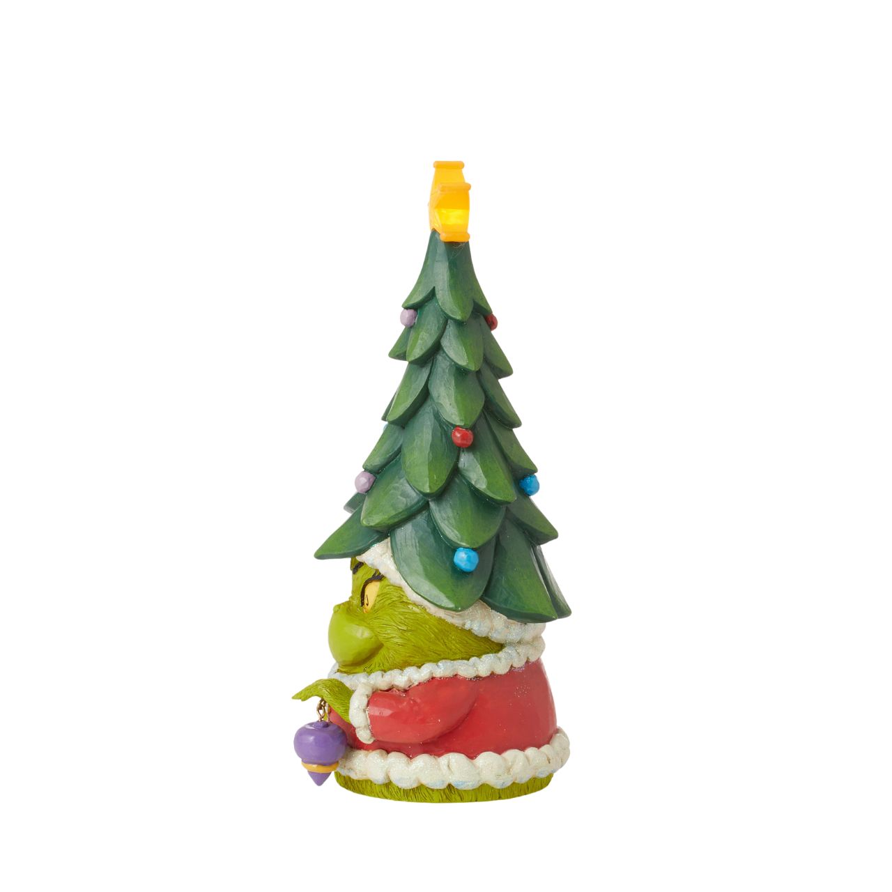 Known for his gnomes, Jim Shore presents his newest garden fairy crafted with Dr. Seuss flair. With a Christmas tree for a hat and a lit star, this grinning green Santa imposter delights with yellow eyes. Bring The Grinch home this holiday.