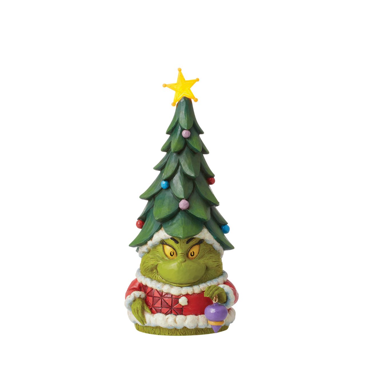 Known for his gnomes, Jim Shore presents his newest garden fairy crafted with Dr. Seuss flair. With a Christmas tree for a hat and a lit star, this grinning green Santa imposter delights with yellow eyes. Bring The Grinch home this holiday.