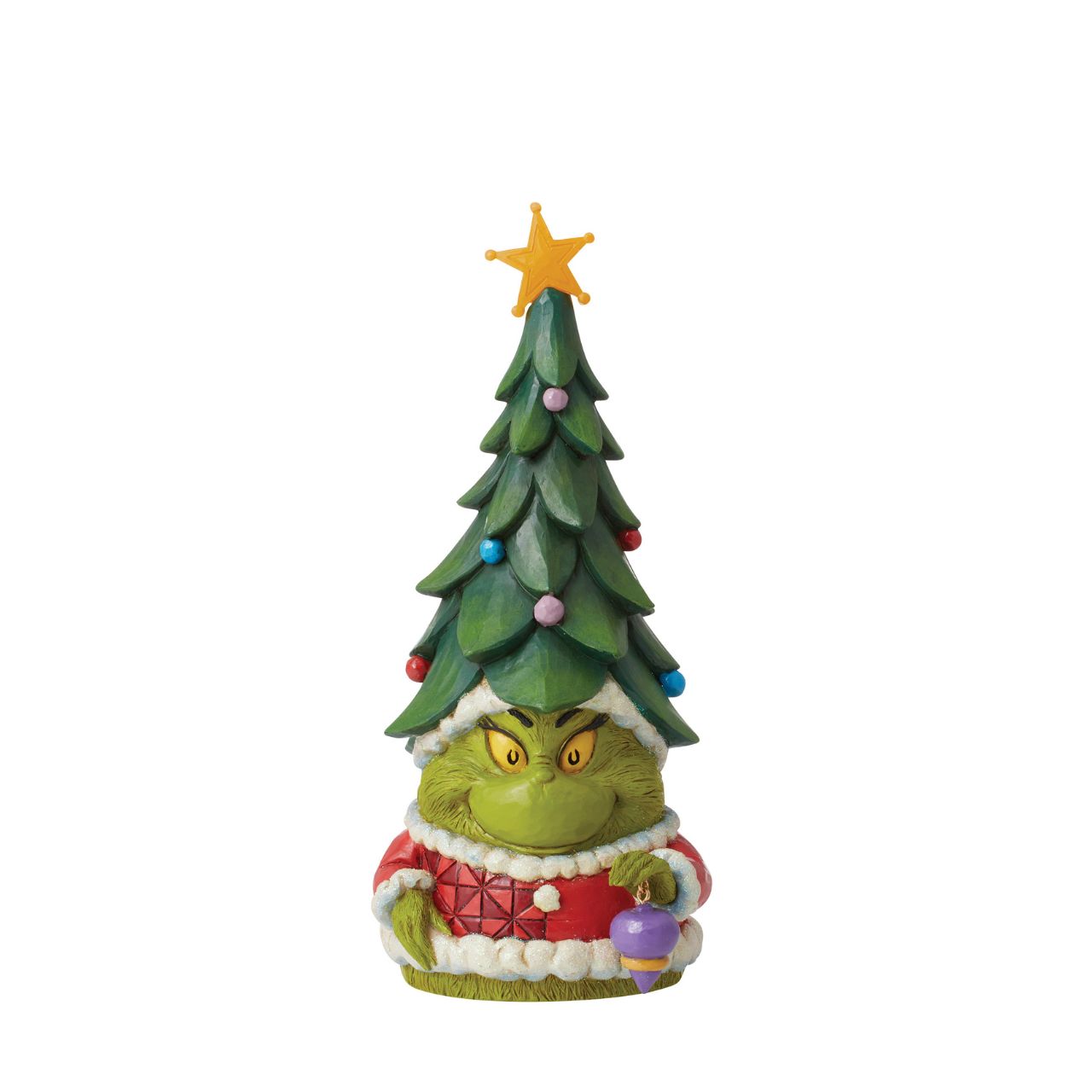 Known for his gnomes, Jim Shore presents his newest garden fairy crafted with Dr. Seuss flair. With a Christmas tree for a hat and a lit star, this grinning green Santa imposter delights with yellow eyes. Bring The Grinch home this holiday.