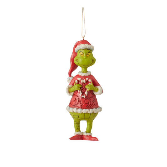 Grinch Holding Heart Shaped Candy Cane Hanging Ornament  Dressed as Santa, The Grinch had plotted to steal Whoville presents and Christmas spirit, but instead his heart changed. Discovering kindness, The Grinch's smirk turns to a sincere smile as he holds a candy cane heart in this sweet Jim Shore ornament.
