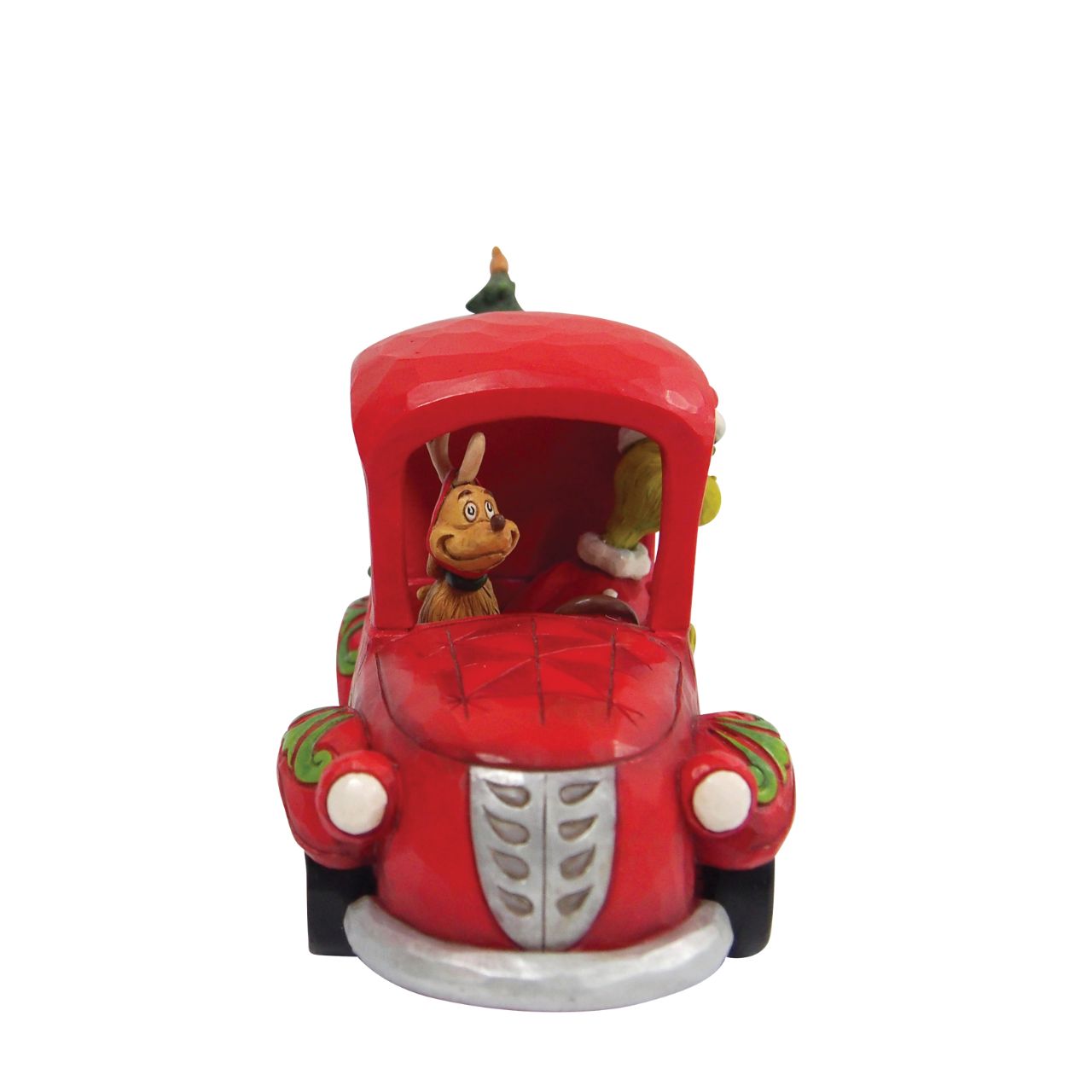 Grinch in Red Truck Figurine by Jim Shore  The Grinch gives Max a break in this sweet Jim Shore statuette. Driving a holly brimmed red truck, The Grinch brings tidings of joy and mischief to Whoville. Cindy Lou-Who is along for the ride as she smiles brightly from the truck bed.