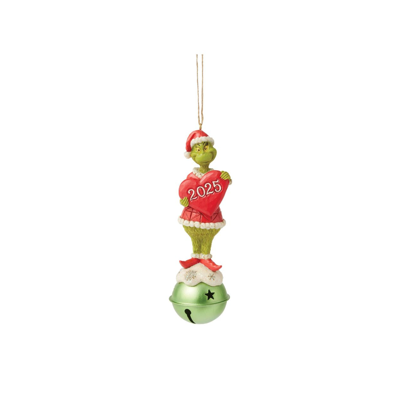 Perched atop a gleaming jingle bell, the Grinch grins in his Santa suit, holding a heart marked with the year 2025. This festive Jim Shore ornament reminds us to live in the moment and create holiday moments worth remembering for years to come.