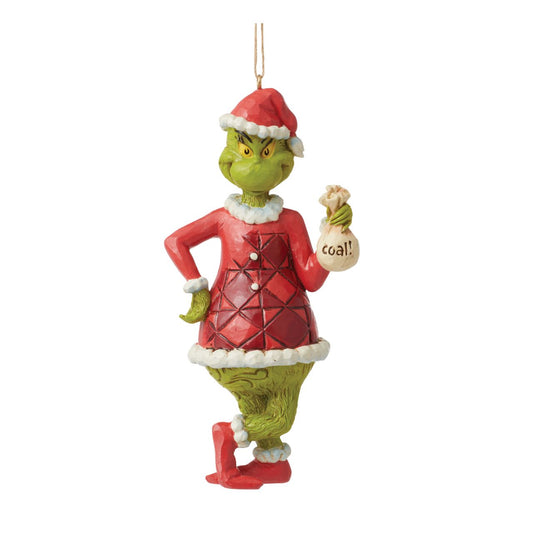 Grinch with Bag of Coal Christmas Hanging Ornament by Jim Shore  Show the Grinch's love of Christmas in this bauble designed by award winning folk artist Jim Shore. Hang this on your Christmas tree of fireplace.