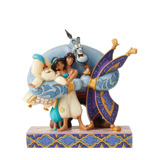 From the moment he exited the bottle, Genie has inspired the impossible. Here the cast of main characters embrace in a tight hug that Aladdin would never have thought to find himself in at the film's start. The figurine is made from resin. Packed in a branded gift box.