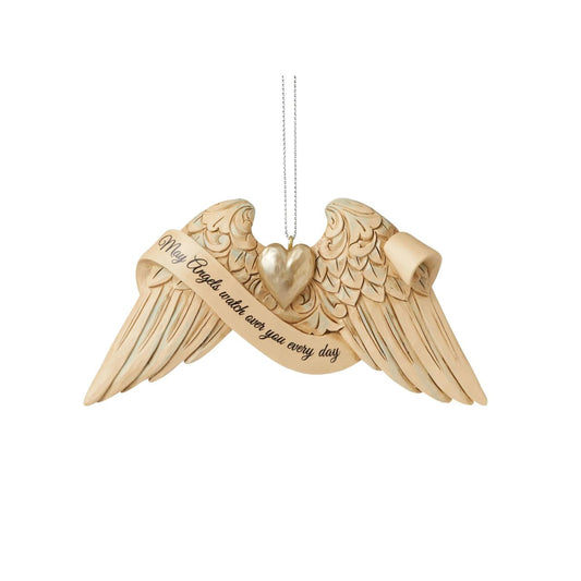 Jim Shore Heartwood Creek Guardian Angel Wings Christmas Ornament  These delicately sculpted handpainted angel wings share uplifting messages of faith when we need a reminder. Keep these wings close to remember to find comfort. This pair of Jim Shore angel wings shares a heartfelt message about guardian angels near.