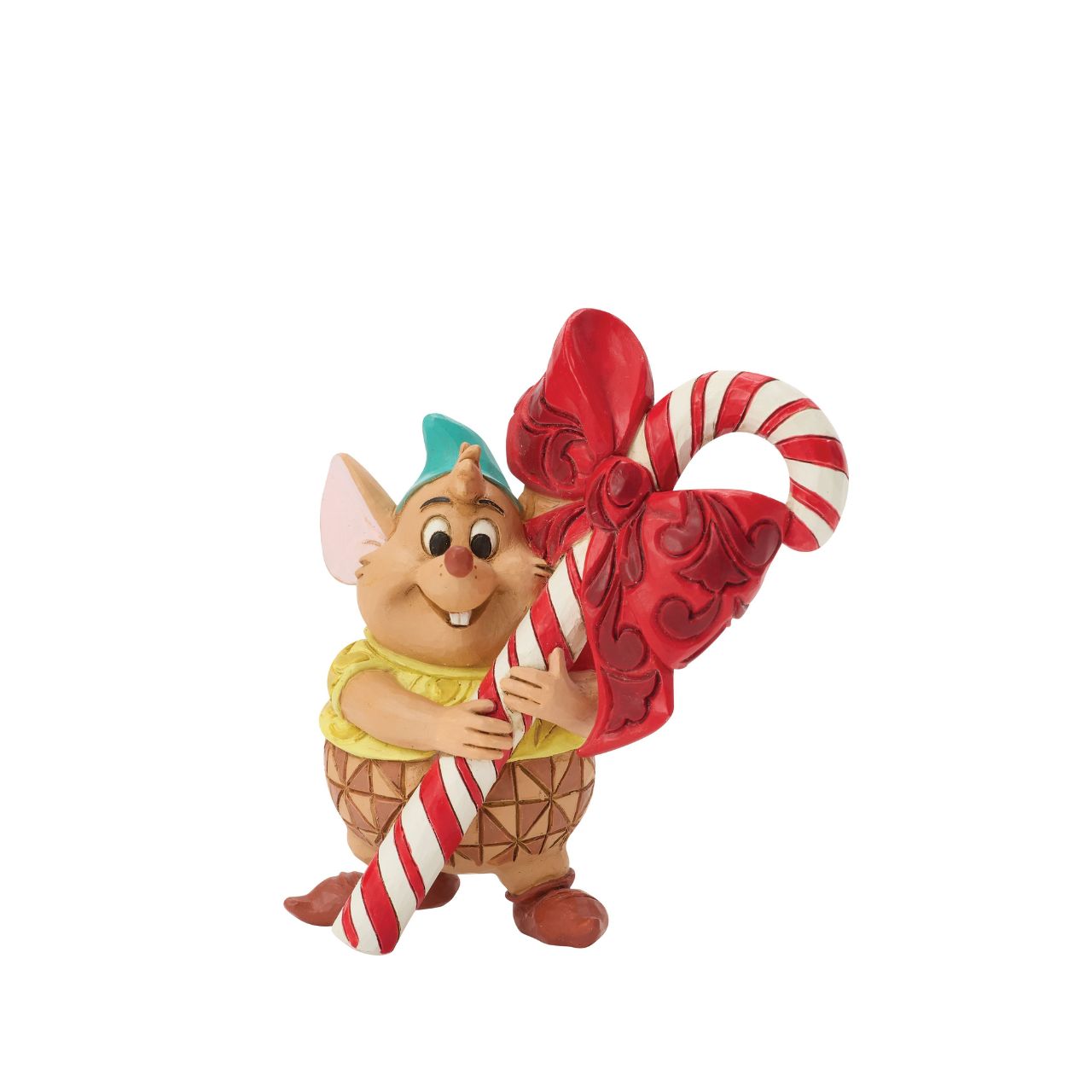 Cinderella's loyal mouse Gus carries a candy cane as big as he is in this charming Jim Shore figurine. His cheerful smile and folk art detail make him a festive delight for Disney fans young and old.