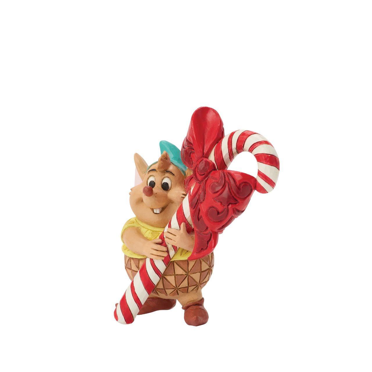 Cinderella's loyal mouse Gus carries a candy cane as big as he is in this charming Jim Shore figurine. His cheerful smile and folk art detail make him a festive delight for Disney fans young and old.