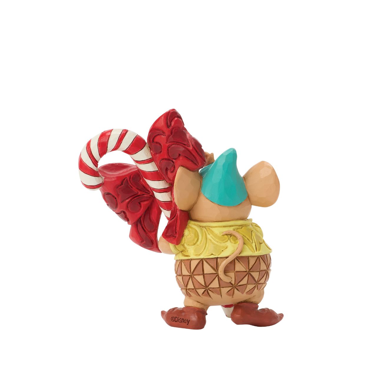 Cinderella's loyal mouse Gus carries a candy cane as big as he is in this charming Jim Shore figurine. His cheerful smile and folk art detail make him a festive delight for Disney fans young and old.