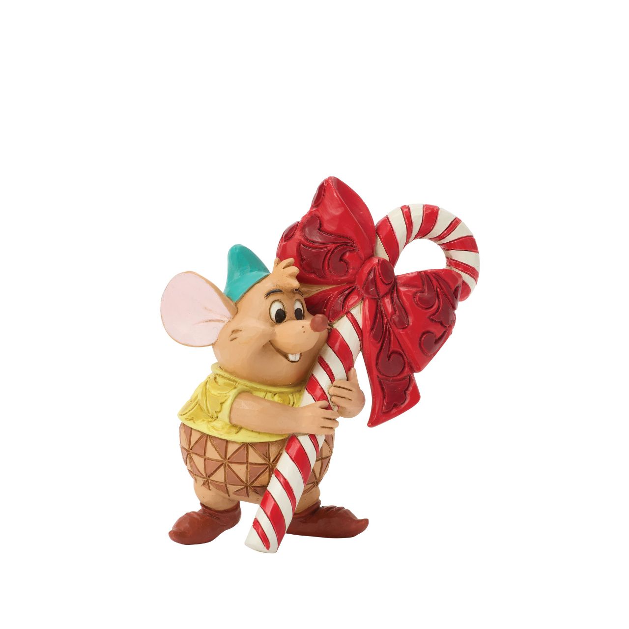 Cinderella's loyal mouse Gus carries a candy cane as big as he is in this charming Jim Shore figurine. His cheerful smile and folk art detail make him a festive delight for Disney fans young and old.