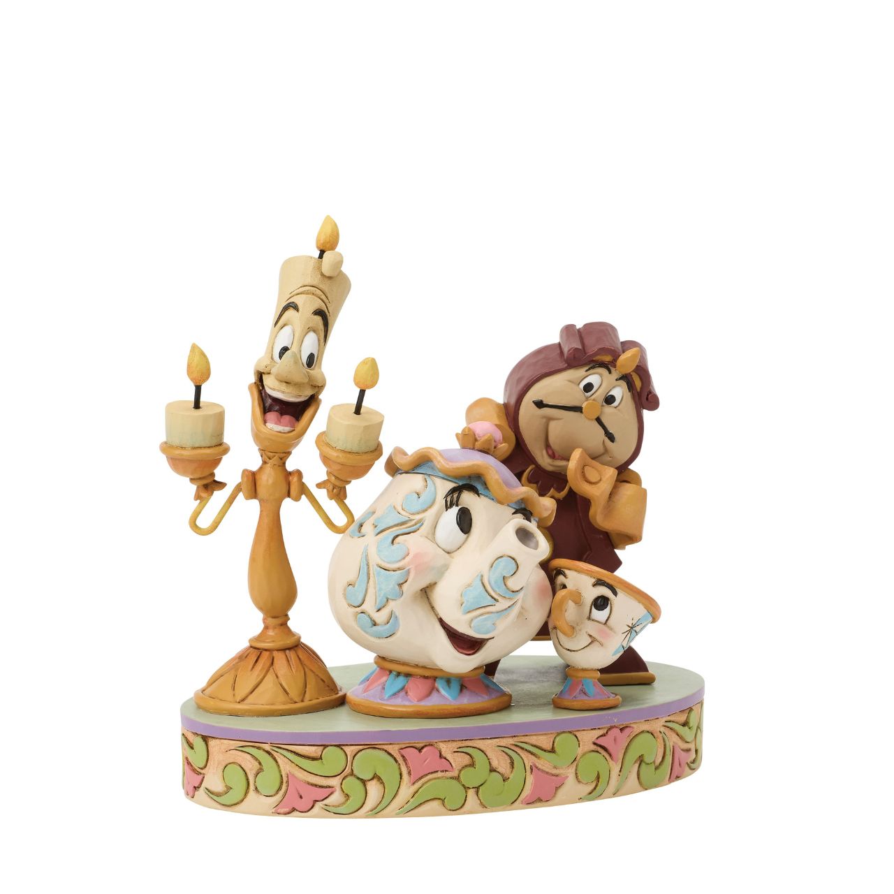 The enchanted castle's favourites shine in this delightful Jim Shore masterpiece. With Mrs. Potts, Chip, Lumiere, and Cogsworth posed with personality, each showcase the warmth, humour, and timeless charm of Disney's Beauty and the Beast.