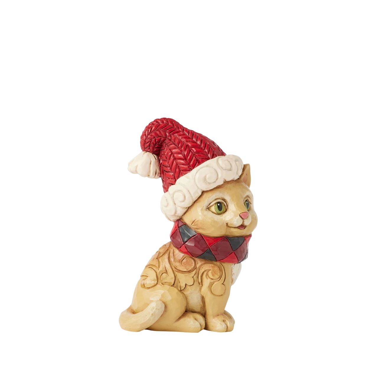 This adorable Jim Shore Highland Glen design features a charming cat donning a cozy knit Santa hat and a festive buffalo plaid collar with a jingle bell. Adorned with vibrant red rosemaling on its fur, he captures the playful spirit of the holidays.