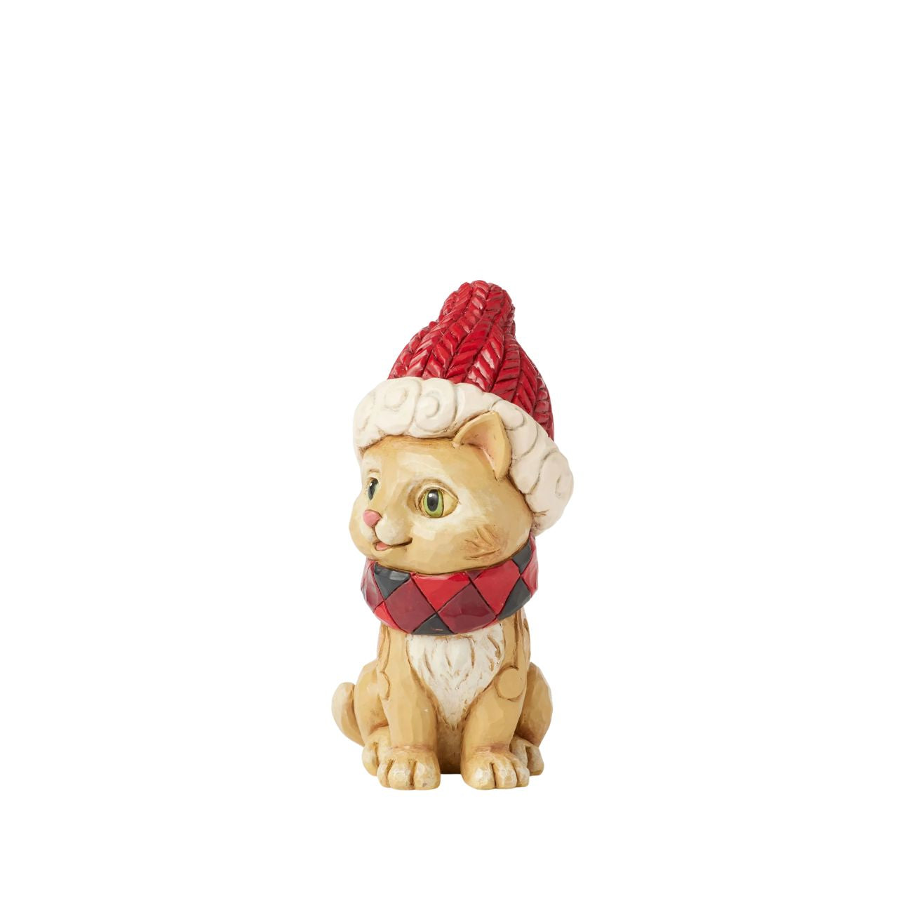 This adorable Jim Shore Highland Glen design features a charming cat donning a cozy knit Santa hat and a festive buffalo plaid collar with a jingle bell. Adorned with vibrant red rosemaling on its fur, he captures the playful spirit of the holidays.