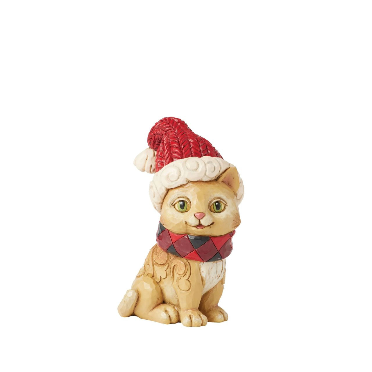 This adorable Jim Shore Highland Glen design features a charming cat donning a cozy knit Santa hat and a festive buffalo plaid collar with a jingle bell. Adorned with vibrant red rosemaling on its fur, he captures the playful spirit of the holidays.
