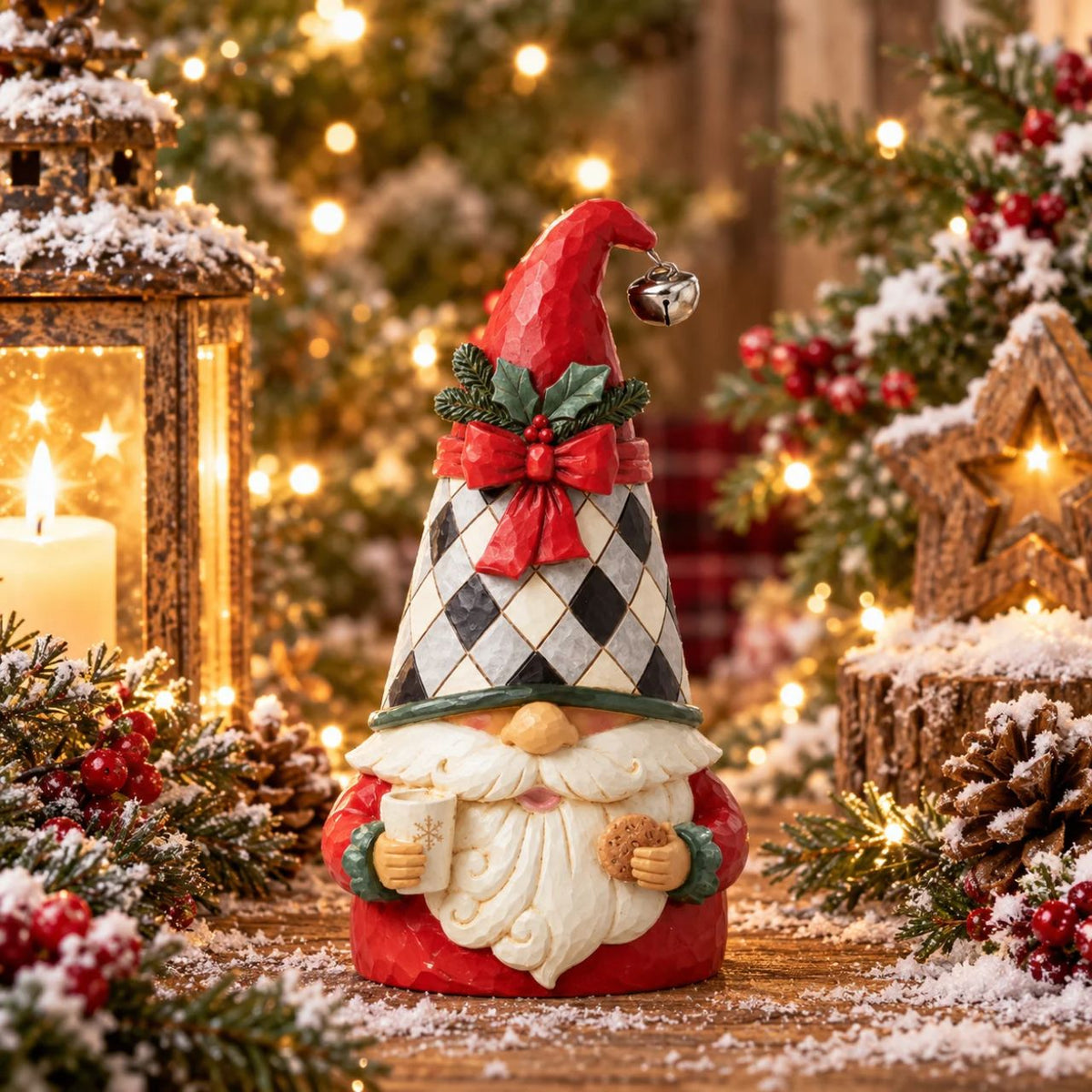 Designed by award winning artist Jim Shore as part of the Heartwood Creek Highland Glen Collection, hand crafted using high quality cast stone and hand painted, this cute &amp; cosy Gnome is perfect for the Christmas season.