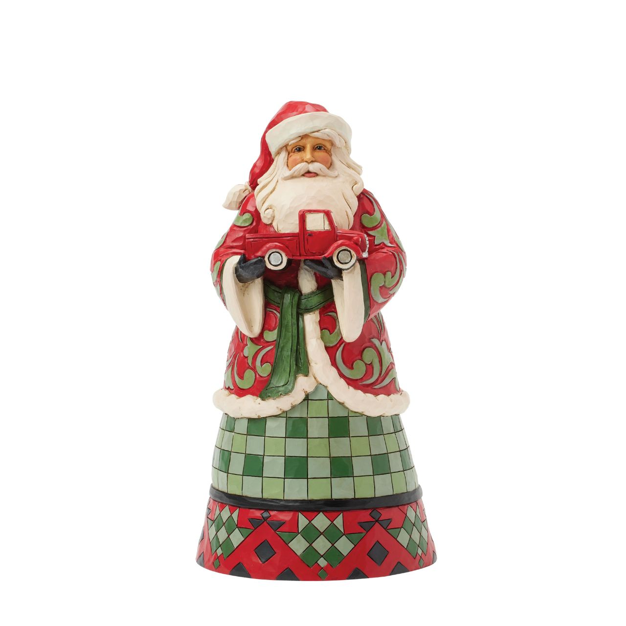 This charming Jim Shore design features Santa holding a Red Truck, dressed in a cosy buffalo plaid cloak that embodies holiday warmth. He captures the spirit of the season.