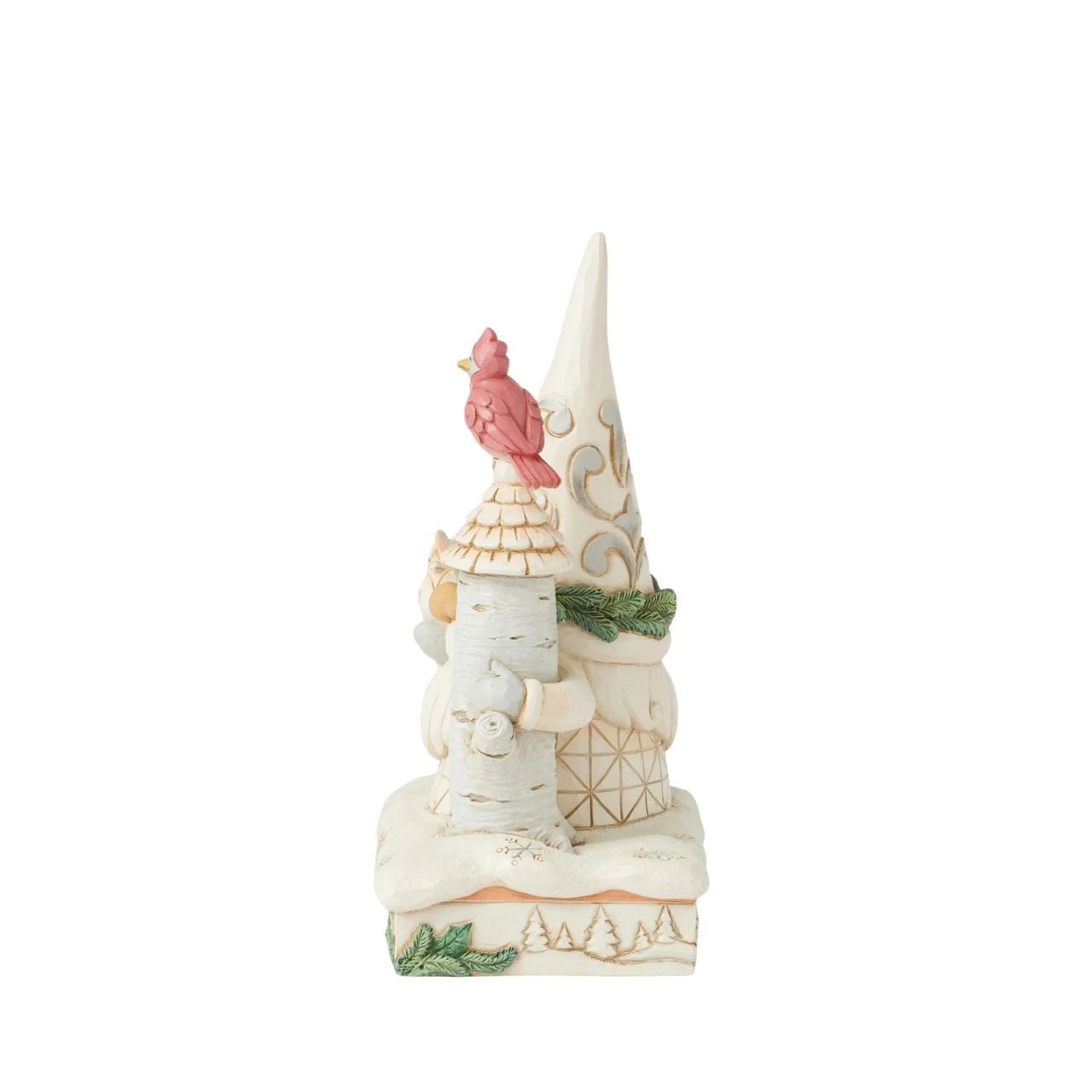 This charming Jim Shore White Woodland design features a delightful gnome dressed in white, standing beside a birch tree birdhouse. With two cardinals enjoying his sweet company, the piece beautifully captures the warmth and joy of winter wildlife.