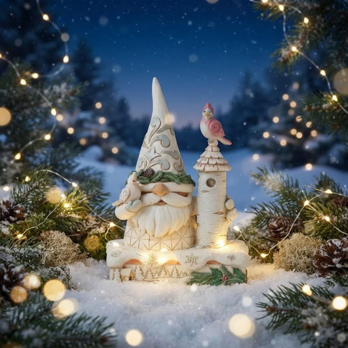 This charming Jim Shore White Woodland design features a delightful gnome dressed in white, standing beside a birch tree birdhouse. With two cardinals enjoying his sweet company, the piece beautifully captures the warmth and joy of winter wildlife.