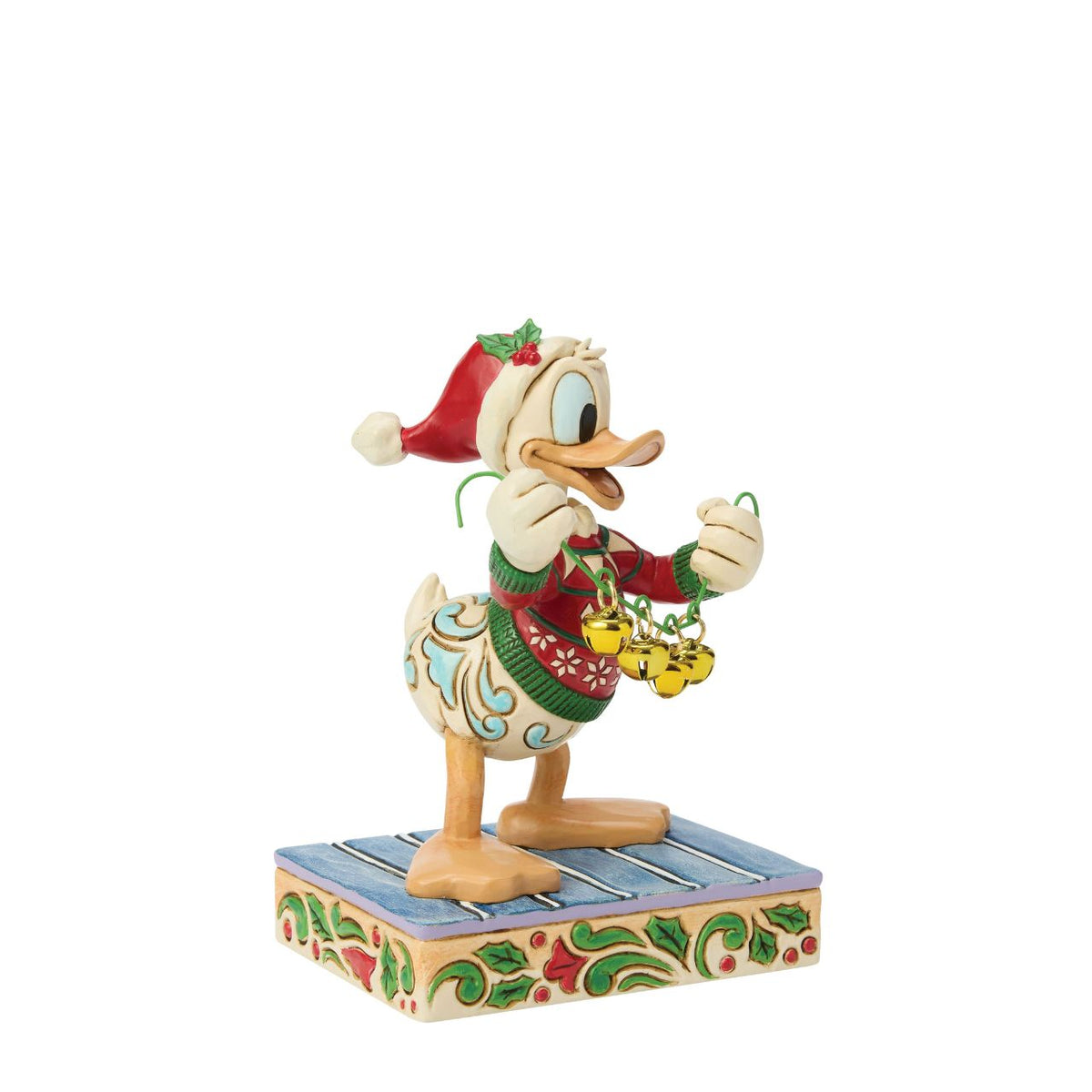 Donald Duck spreads holiday cheer with a jingling set of real bells in this festive Jim Shore design. Dressed in a Santa hat and a festive sweater, Donald is bursting with personality, and ready to ring in the season with joy and laughter.