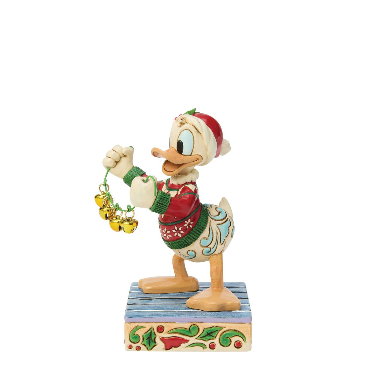 Donald Duck spreads holiday cheer with a jingling set of real bells in this festive Jim Shore design. Dressed in a Santa hat and a festive sweater, Donald is bursting with personality, and ready to ring in the season with joy and laughter.