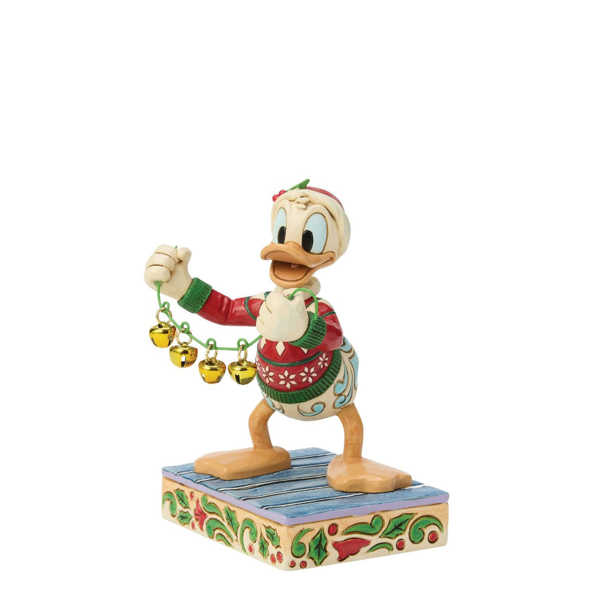 Donald Duck spreads holiday cheer with a jingling set of real bells in this festive Jim Shore design. Dressed in a Santa hat and a festive sweater, Donald is bursting with personality, and ready to ring in the season with joy and laughter.