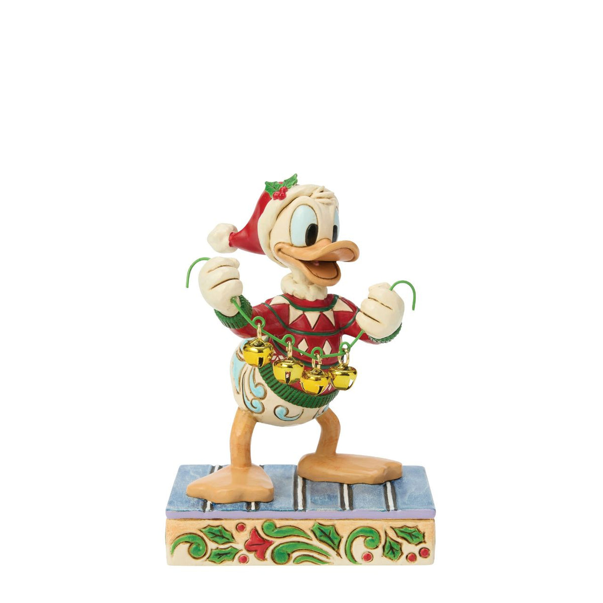 Donald Duck spreads holiday cheer with a jingling set of real bells in this festive Jim Shore design. Dressed in a Santa hat and a festive sweater, Donald is bursting with personality, and ready to ring in the season with joy and laughter.