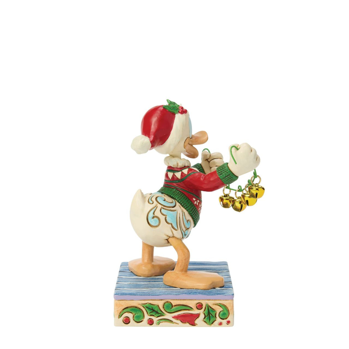 Donald Duck spreads holiday cheer with a jingling set of real bells in this festive Jim Shore design. Dressed in a Santa hat and a festive sweater, Donald is bursting with personality, and ready to ring in the season with joy and laughter.