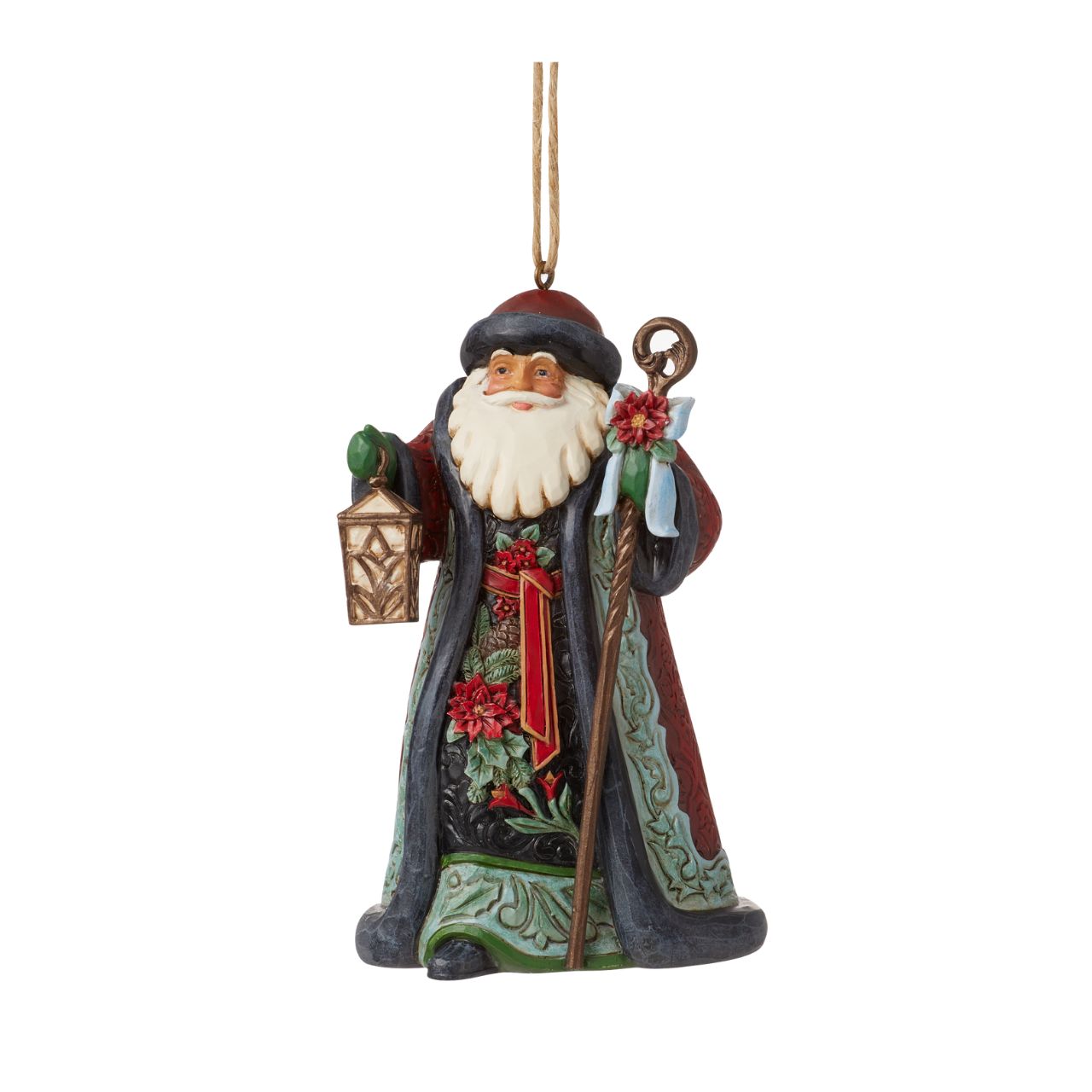 Heartwood Creek Holiday Manor Santa with Lantern Hanging Ornament  Designed by award winning artist Jim Shore as part of the Heartwood Creek Holiday Manor Collection, hand crafted using high quality cast stone and hand painted, this Santa with lantern hanging ornament is perfect for the Christmas season.