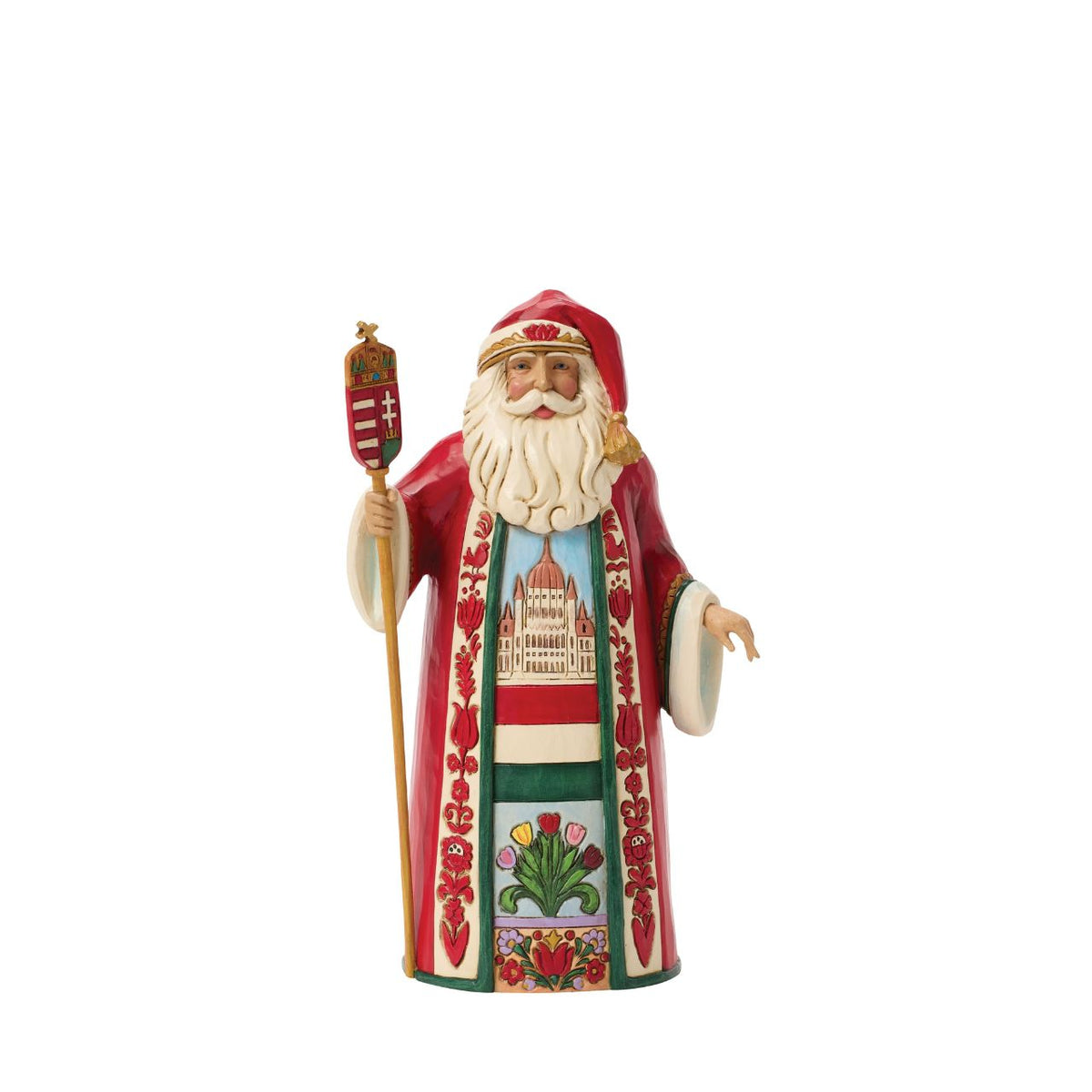 From Jim Shore's Santa Around the World collection, Hungarian Santa wears rich, traditional patterns and festive colours. Jim Shore's careful artistry captures the cultural heritage of Hungary. A collectible honouring global holiday traditions.