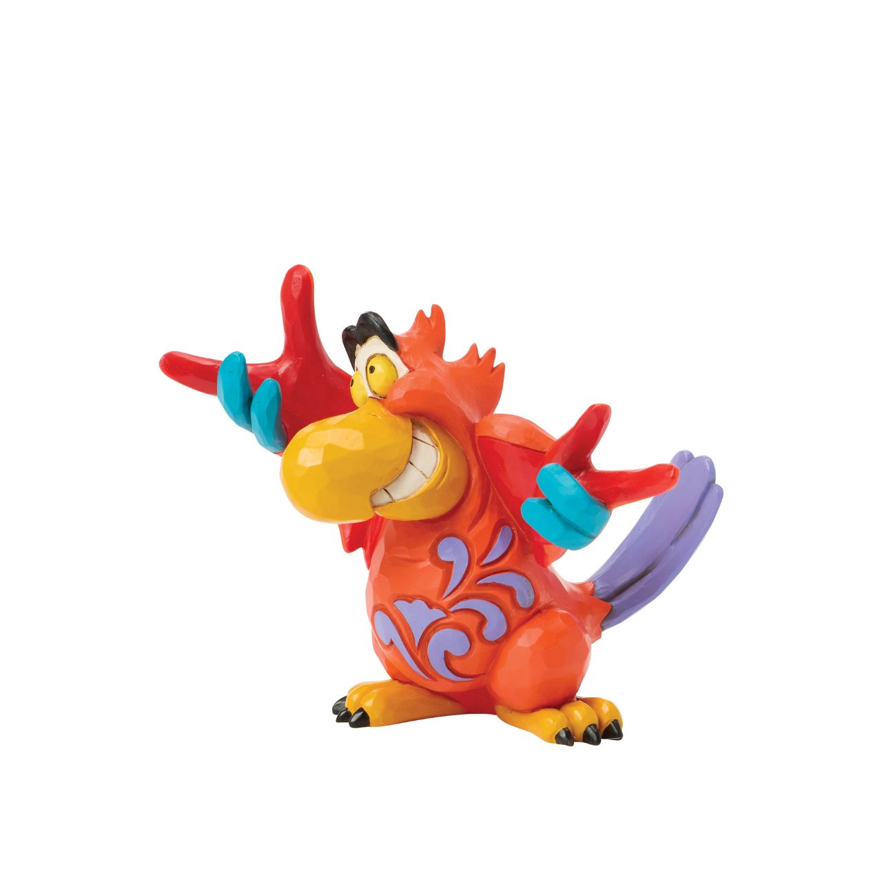 Jafar's big mouthed, feathered sidekick, Iago, comes to life in this personality filled Jim Shore figurine. With vibrant folk art details and a mischievous grin, Iago brings a touch of villainous fun to any Disney lover's home.