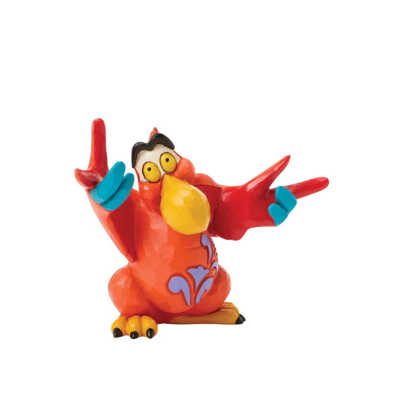 Jafar's big mouthed, feathered sidekick, Iago, comes to life in this personality filled Jim Shore figurine. With vibrant folk art details and a mischievous grin, Iago brings a touch of villainous fun to any Disney lover's home.