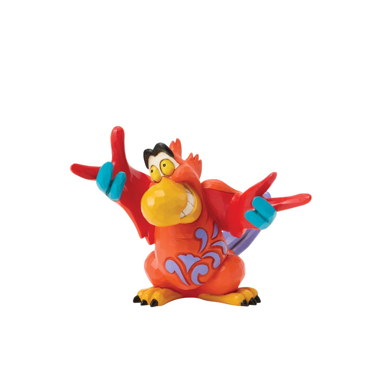 Jafar's big mouthed, feathered sidekick, Iago, comes to life in this personality filled Jim Shore figurine. With vibrant folk art details and a mischievous grin, Iago brings a touch of villainous fun to any Disney lover's home.