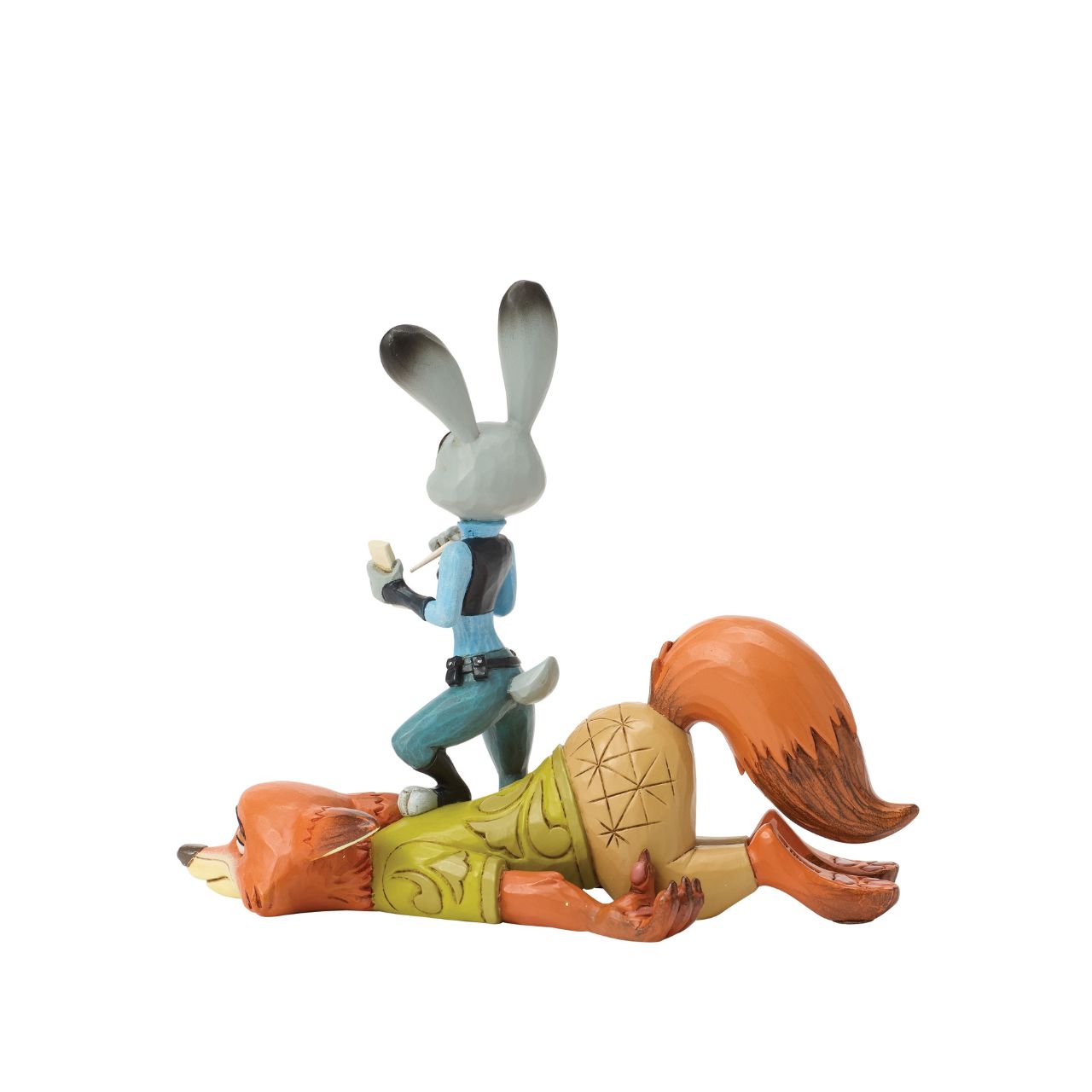 From Zootopia, Judy Hopps and Nick Wilde share a moment of playful teamwork in this Jim Shore reimagining. With bright folk art patterns and colourful detail, it celebrates friendship and playfulness. Judy stands ready to take notes, on top of Nick.
