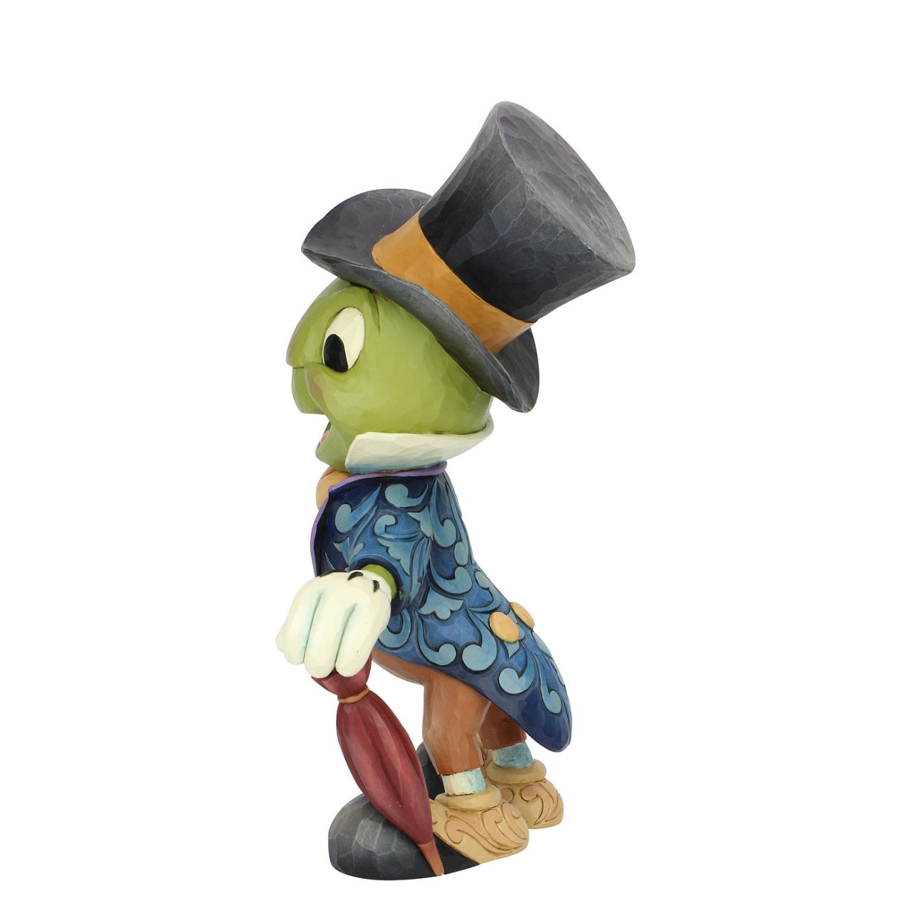 Jim Shore Cricket's the Name. Jiminy Cricket Statement Figurine  Jiminy Cricket, Pinocchio's conscience, smiles brightly in this Jim Shore figurine. Dressed in his classic suit, ascot, and top hat, Disney's unofficial mascot holds his umbrella ready to issue advice to anyone in moral dilemma.