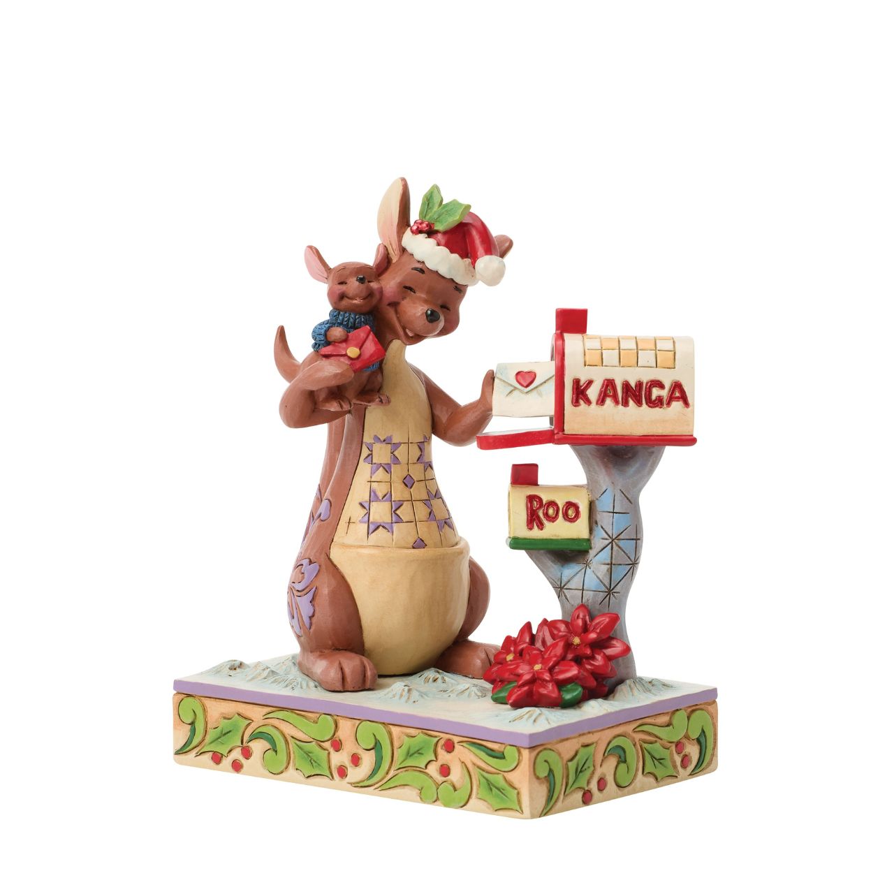 Jim Shore captures the love of family with beloved characters, Kanga and Roo sharing a holiday cuddle as they mail letters. With festive scarves and smiles, this delightful design brings the heart of the Hundred Acre Wood to your home for Christmas.