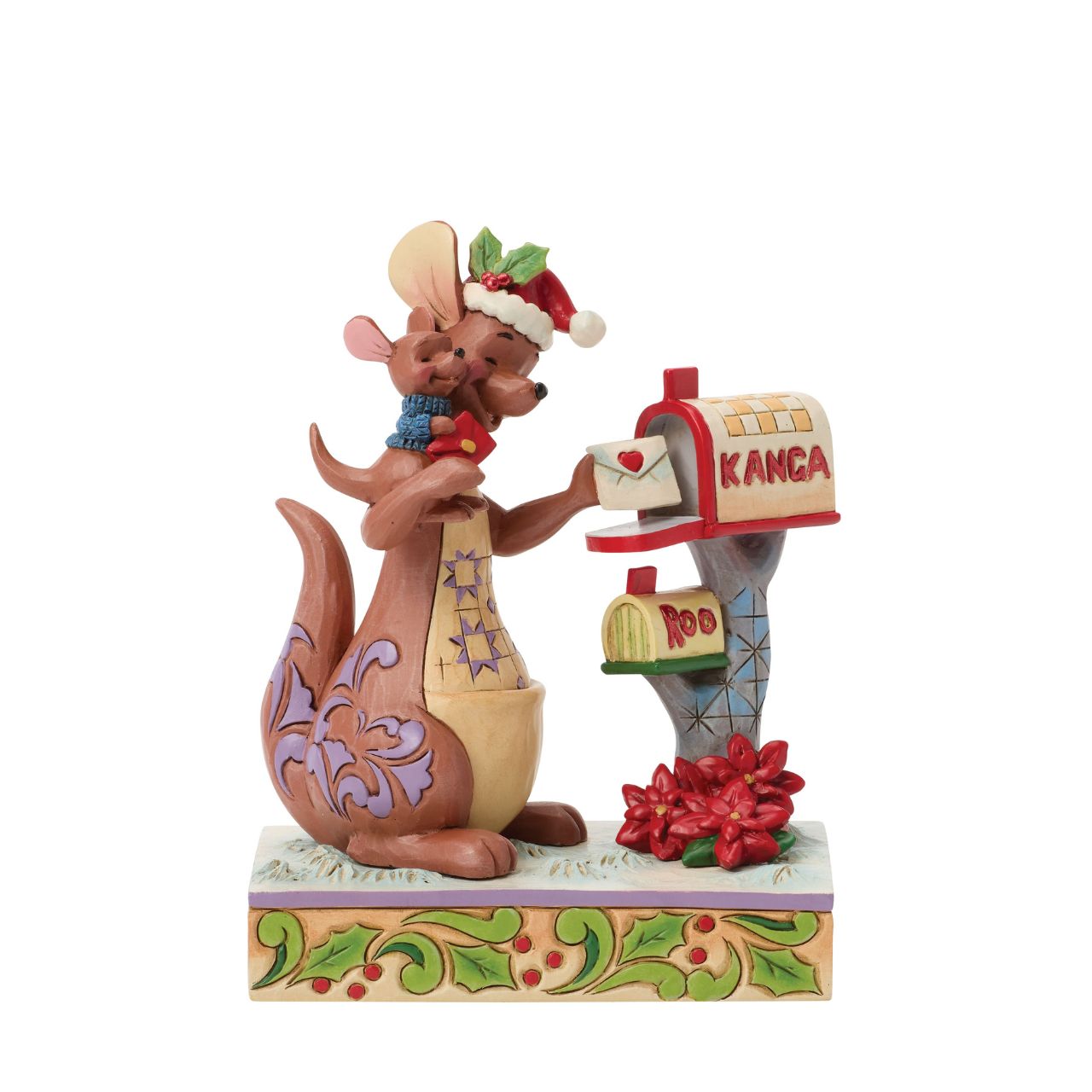 Jim Shore captures the love of family with beloved characters, Kanga and Roo sharing a holiday cuddle as they mail letters. With festive scarves and smiles, this delightful design brings the heart of the Hundred Acre Wood to your home for Christmas.
