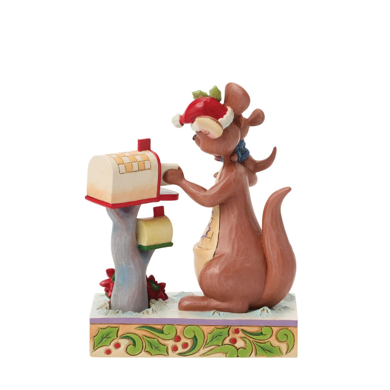 Jim Shore captures the love of family with beloved characters, Kanga and Roo sharing a holiday cuddle as they mail letters. With festive scarves and smiles, this delightful design brings the heart of the Hundred Acre Wood to your home for Christmas.