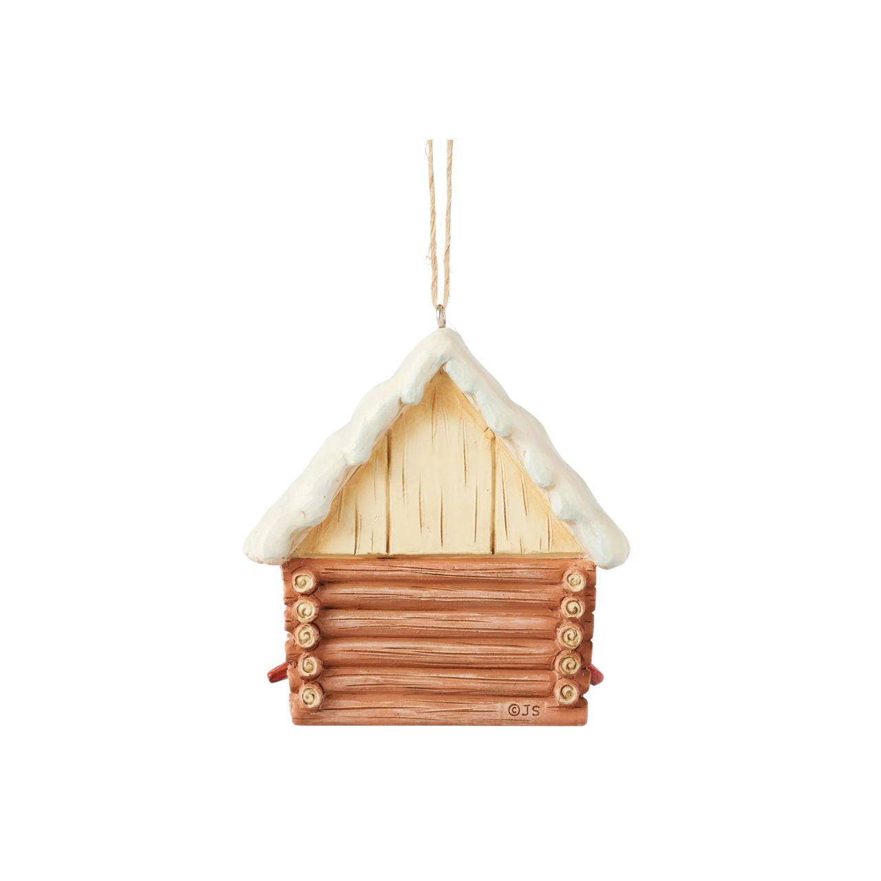 This Christmas at the Lodge enchanting Jim Shore ornament showcases a charming birdhouse designed to resemble a miniature log cabin, complete with Jim Shore's iconic rosemaling. Perched are a pair vibrant cardinals that add a touch of love.