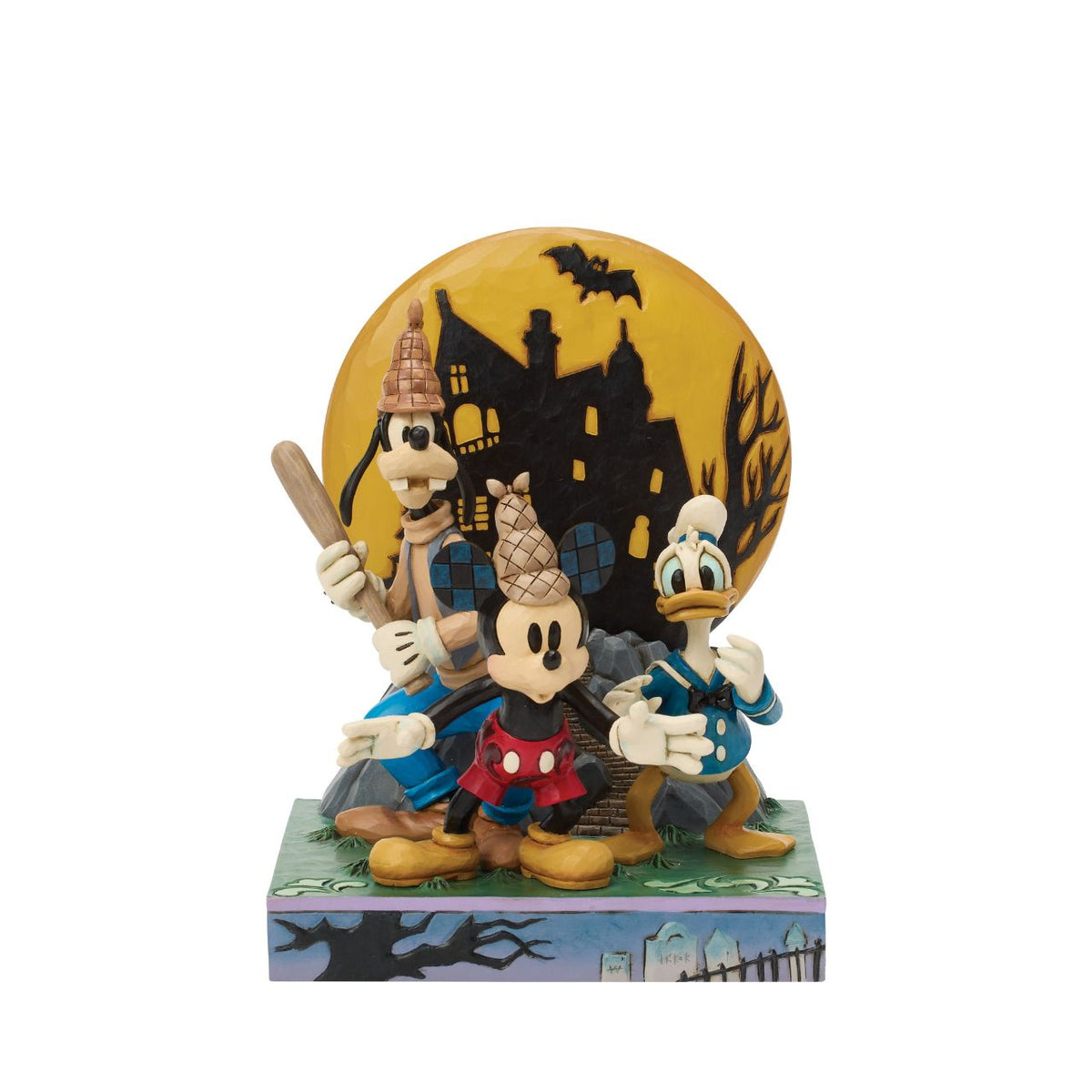 Disney's Mickey, Goofy, and Donald appear with scared expressions in this spooky Jim Shore design. Goofy holds a bat while an LED moon glows behind them, adding eerie charm and detailed folk-art flair to their ghostly adventure.