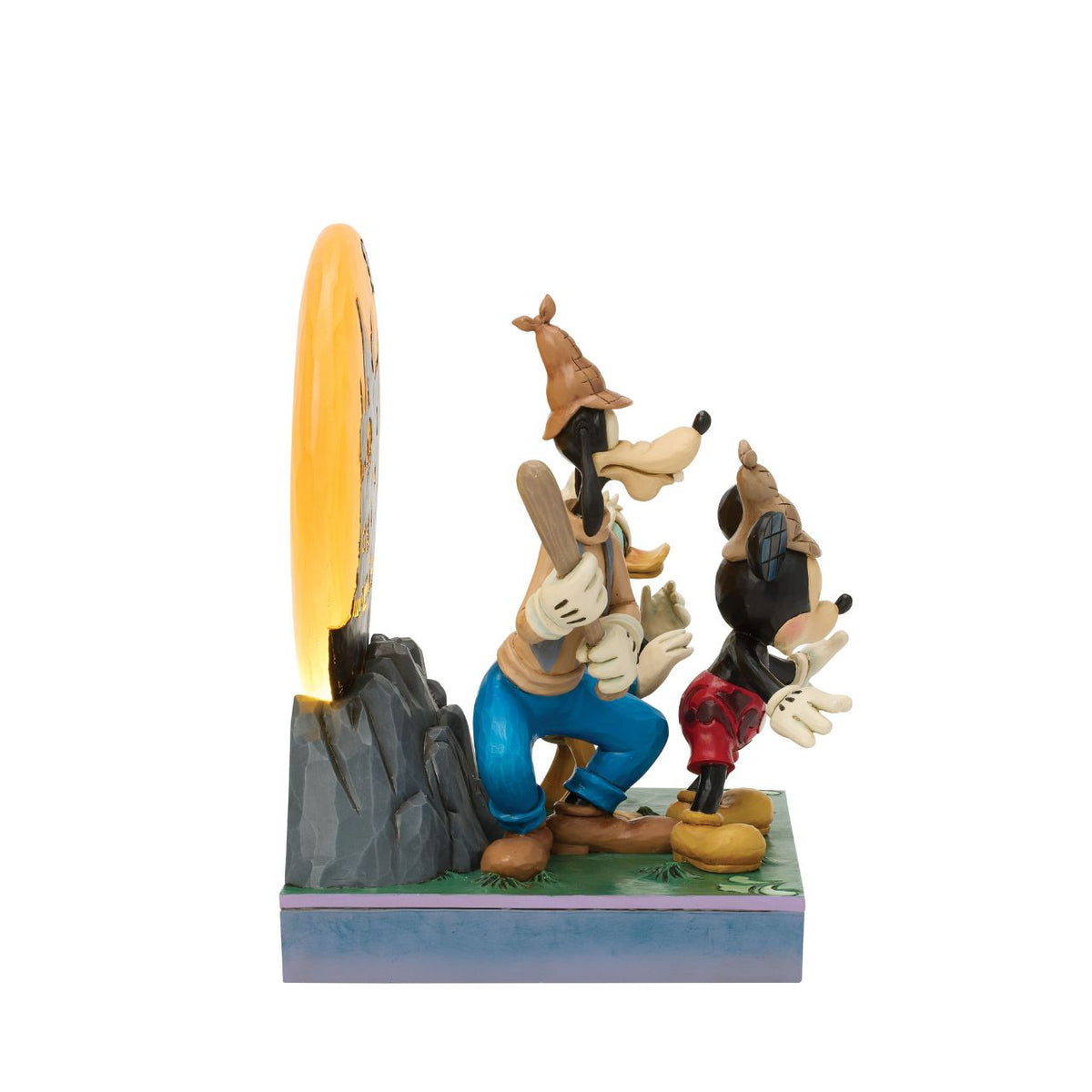 Disney's Mickey, Goofy, and Donald appear with scared expressions in this spooky Jim Shore design. Goofy holds a bat while an LED moon glows behind them, adding eerie charm and detailed folk-art flair to their ghostly adventure.