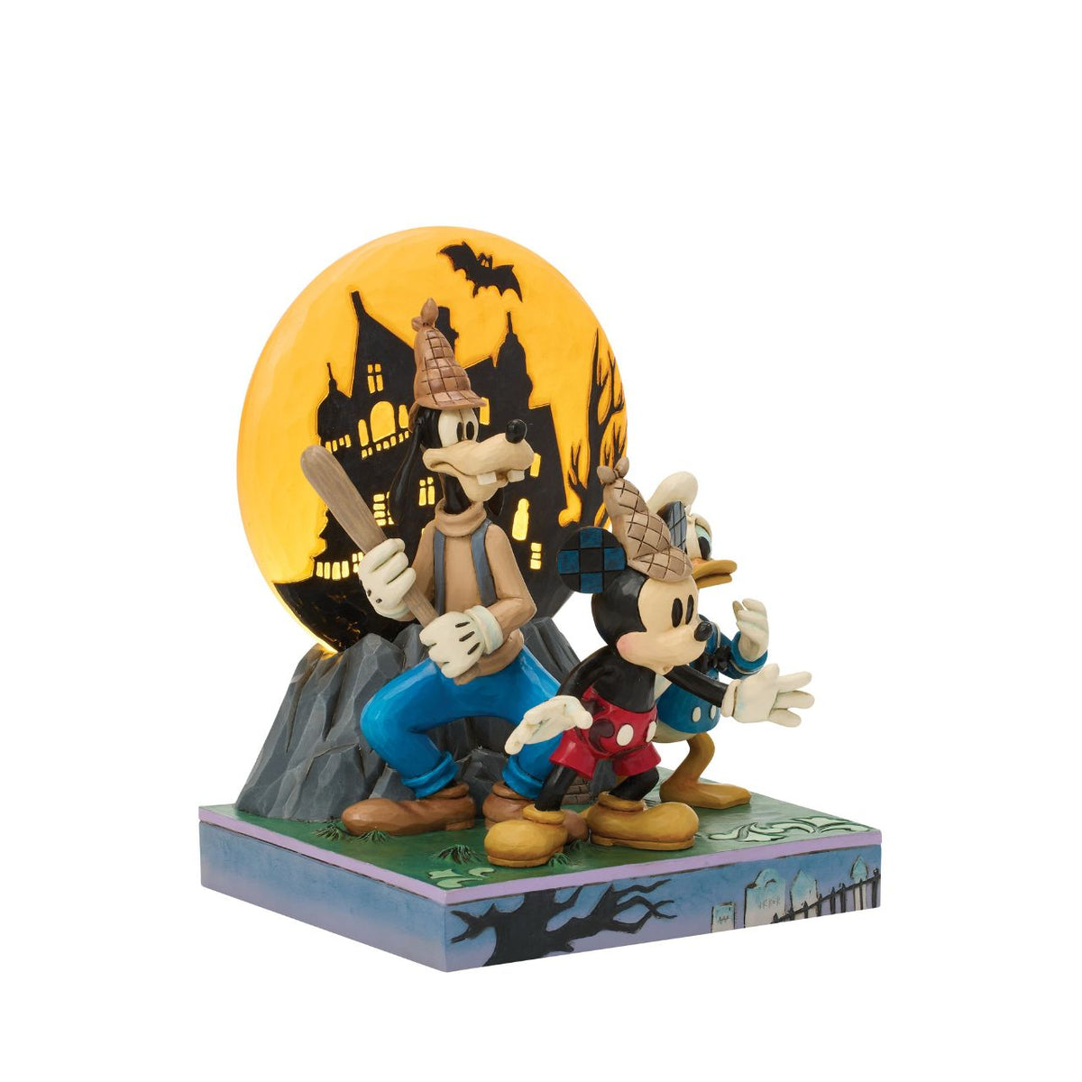 Disney's Mickey, Goofy, and Donald appear with scared expressions in this spooky Jim Shore design. Goofy holds a bat while an LED moon glows behind them, adding eerie charm and detailed folk-art flair to their ghostly adventure.