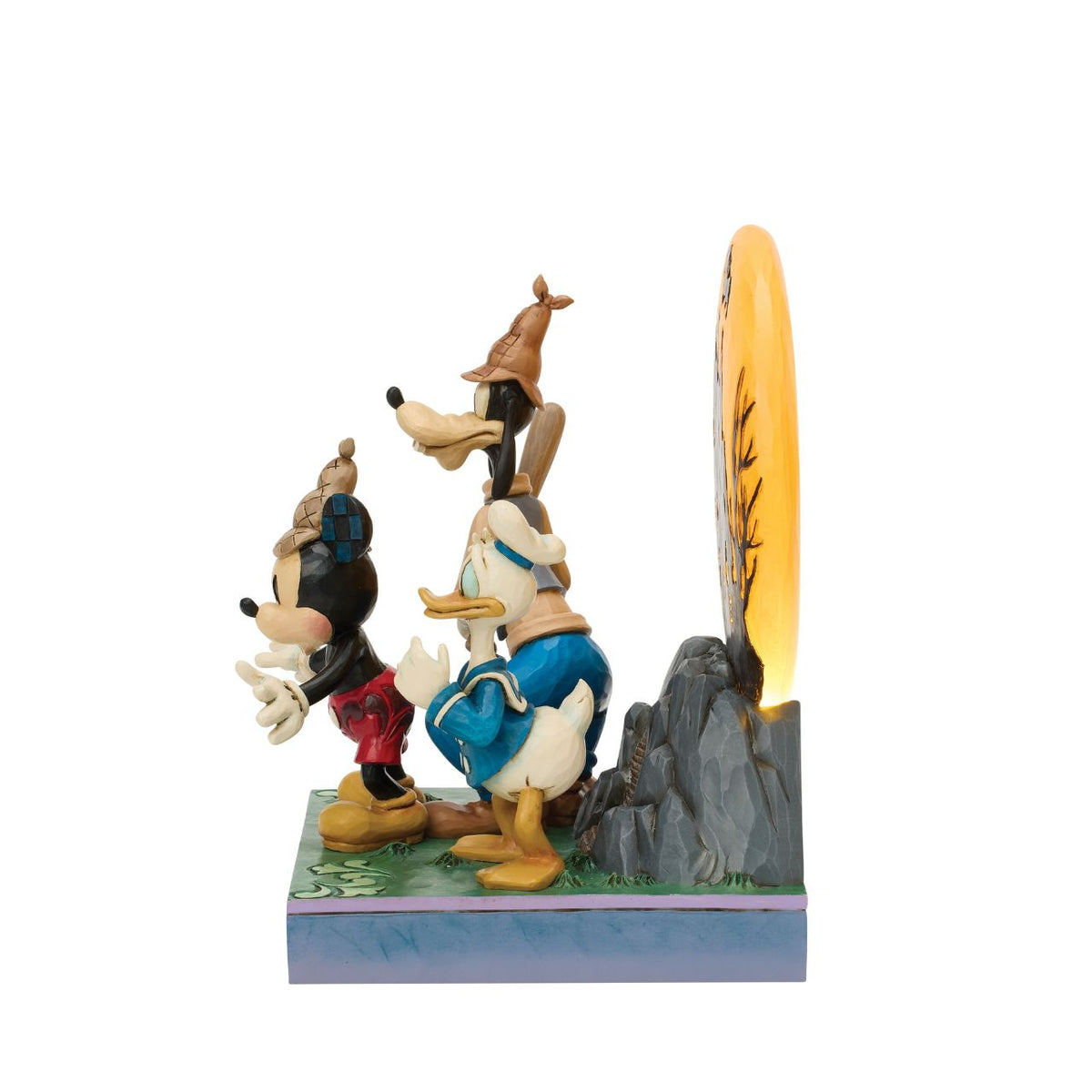 Disney's Mickey, Goofy, and Donald appear with scared expressions in this spooky Jim Shore design. Goofy holds a bat while an LED moon glows behind them, adding eerie charm and detailed folk-art flair to their ghostly adventure.