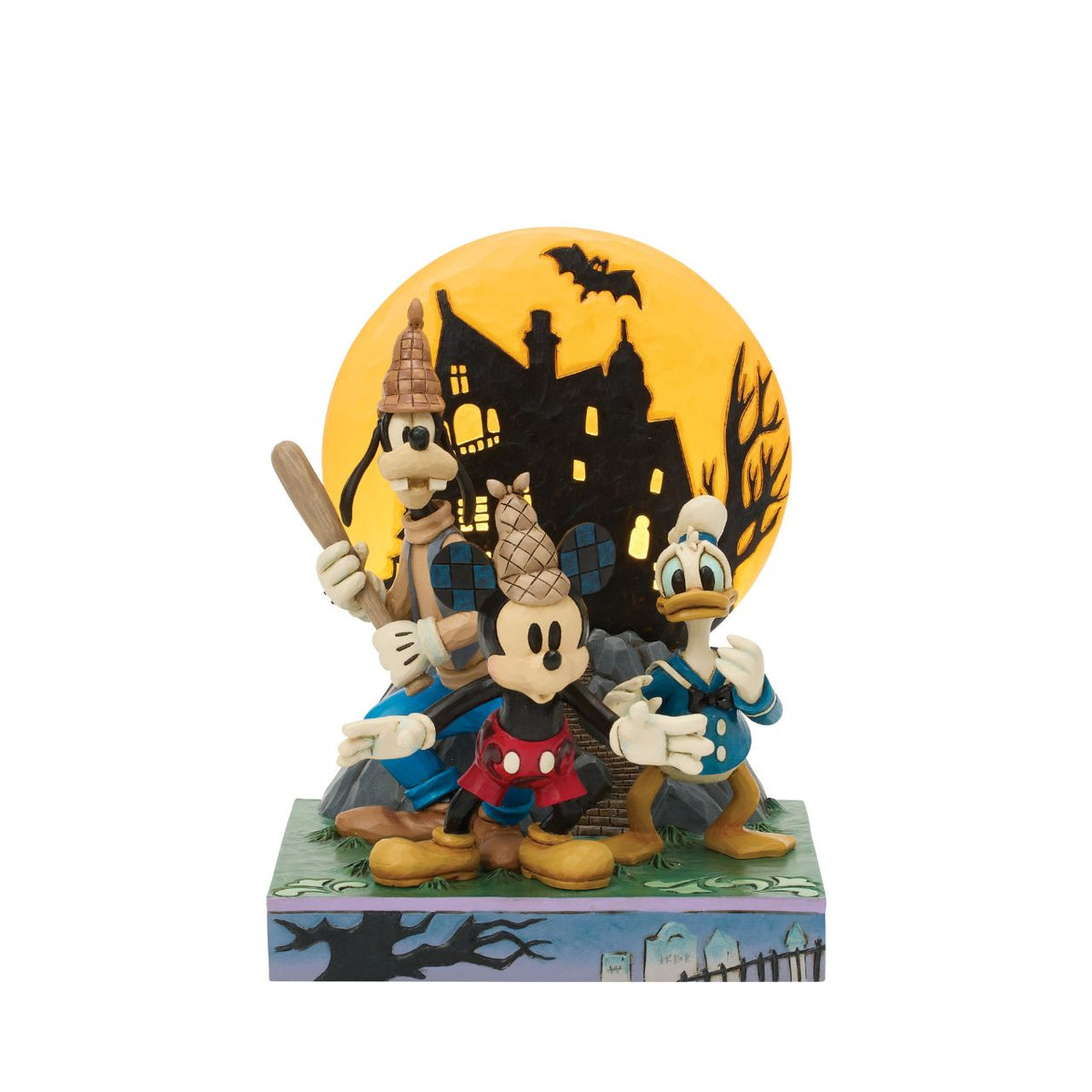 Disney's Mickey, Goofy, and Donald appear with scared expressions in this spooky Jim Shore design. Goofy holds a bat while an LED moon glows behind them, adding eerie charm and detailed folk-art flair to their ghostly adventure.