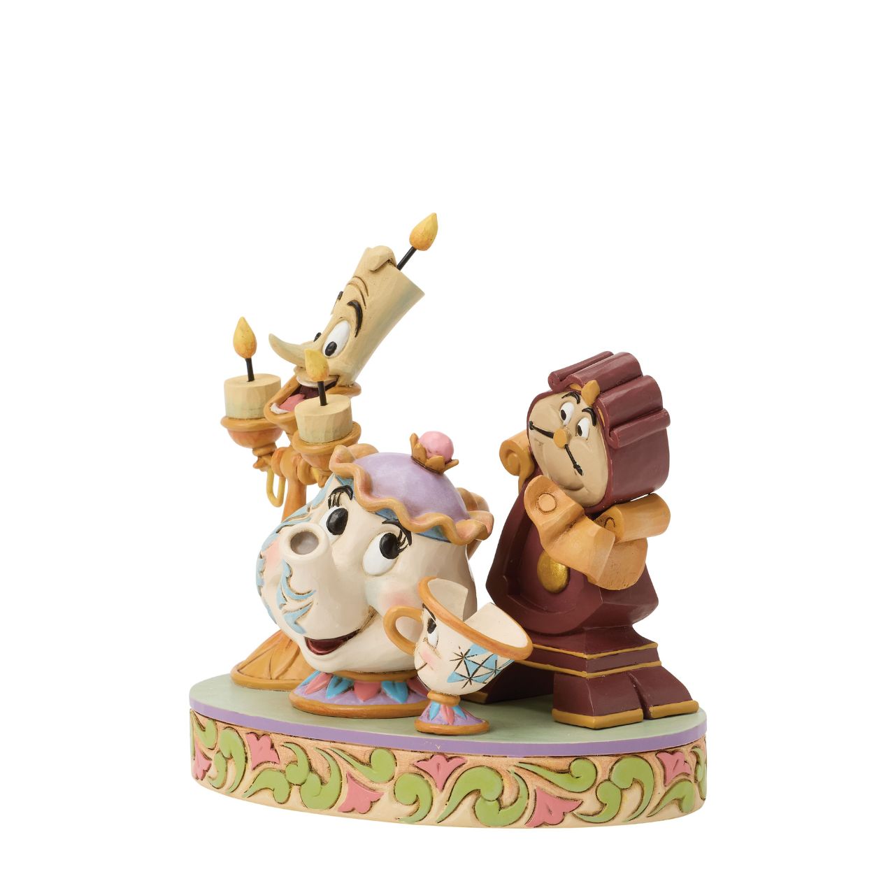 The enchanted castle's favourites shine in this delightful Jim Shore masterpiece. With Mrs. Potts, Chip, Lumiere, and Cogsworth posed with personality, each showcase the warmth, humour, and timeless charm of Disney's Beauty and the Beast.